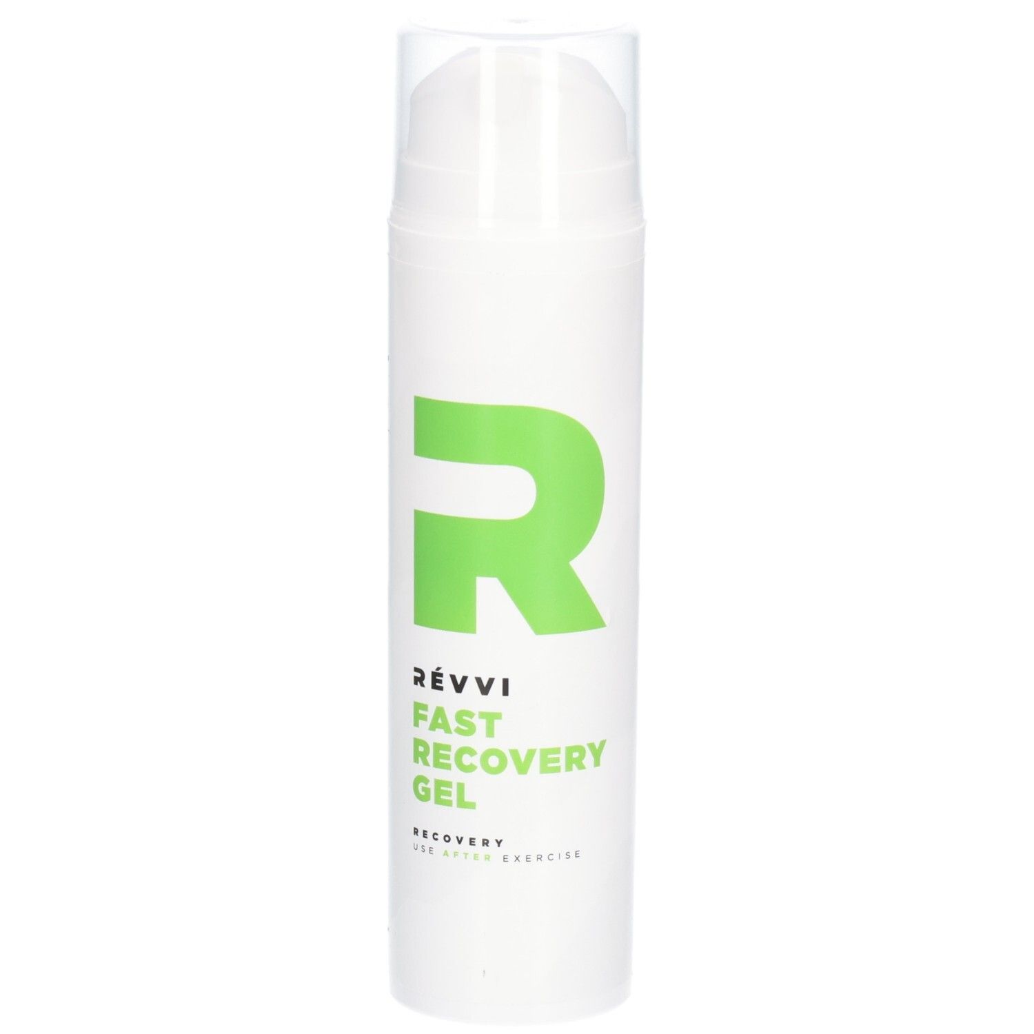 Witte cilinder met groene "R" en tekst. "RÉVVI Fast Recovery Gel" en "Recovery for after exercise" zijn zichtbaar.