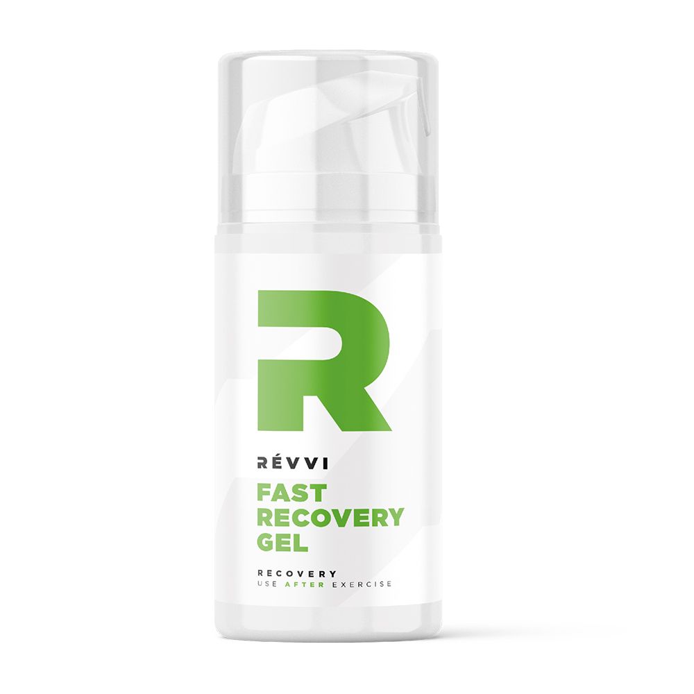 Witte cilinder met groen logo en tekst. Productnaam: Fast Recovery Gel. Met transparante dop.