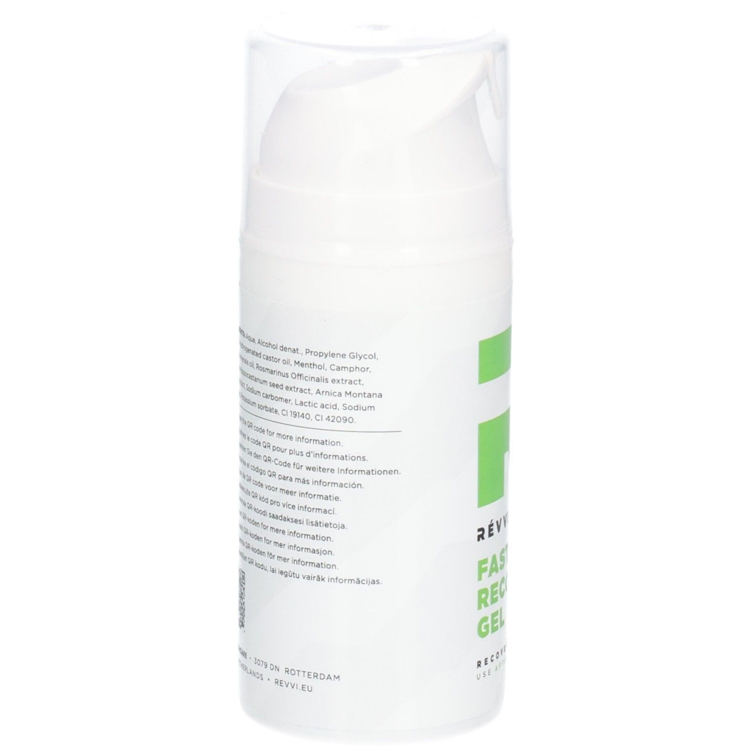 Flacon blanc avec texte vert. Dos avec ingrédients et code QR. Bouchon transparent.