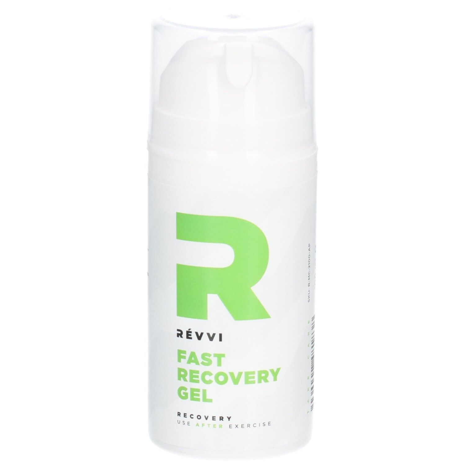 Flacon blanc avec texte vert. Nom du produit : Fast Recovery Gel. Avec bouchon transparent. 100 ml.