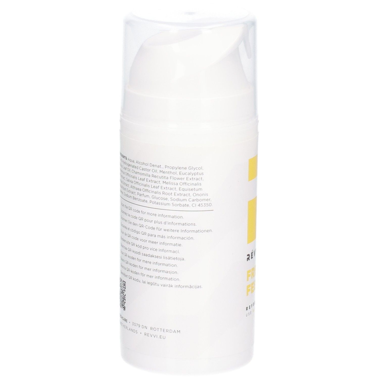 Dos du flacon de gel RÉVVI Fresh Feet. Texte avec ingrédients et code QR. Flacon blanc avec bouchon transparent.