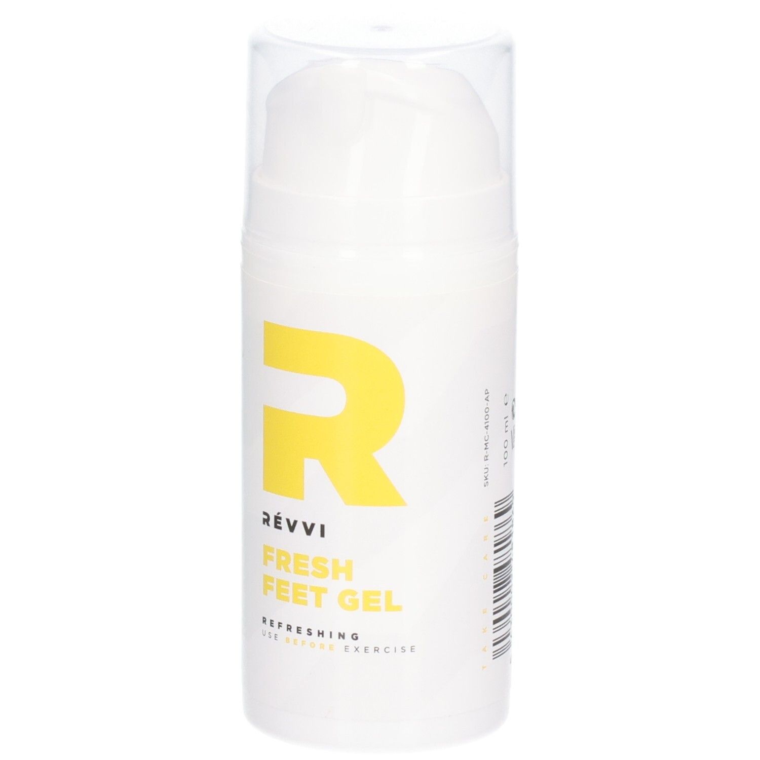 Gel RÉVVI Fresh Feet. Flacon blanc avec 'R' jaune et nom du produit. Bouchon transparent. Texte : Refreshing, Use before exercise.