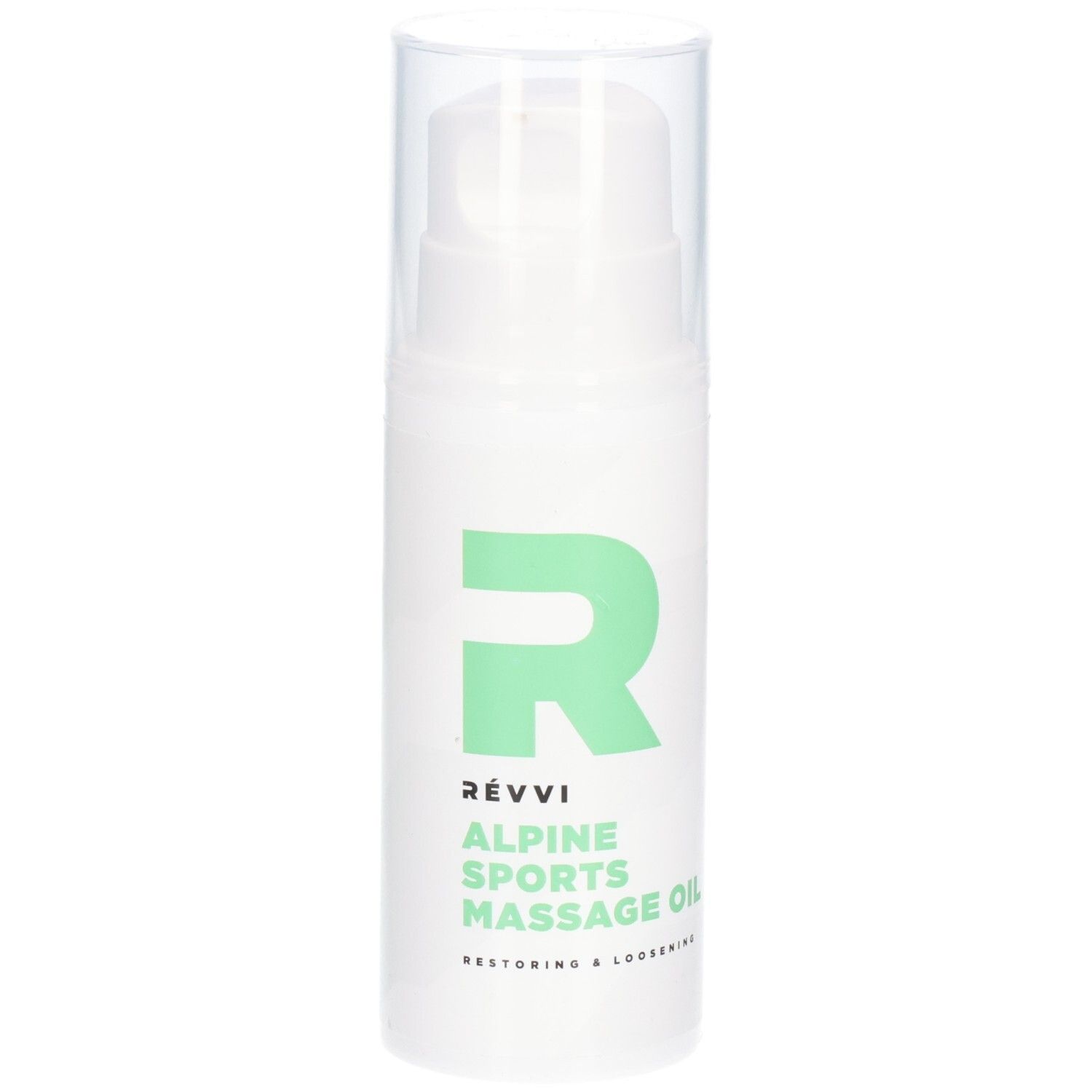 Flacon blanc avec logo et texte verts. Inscription : RÉVVI, ALPINE SPORTS MASSAGE OIL. Bouchon transparent.
