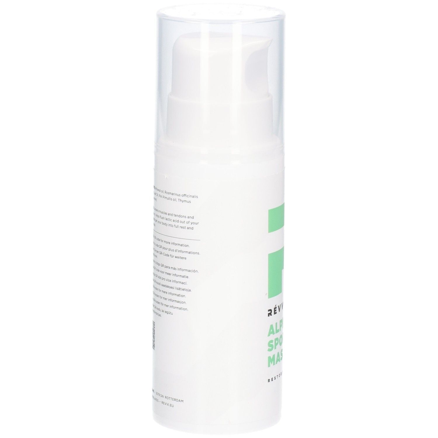 Flacon blanc avec texte. Inscription : RÉVVI, ALPINE SPORTS MASSAGE OIL. Bouchon transparent. Texte sur le côté.