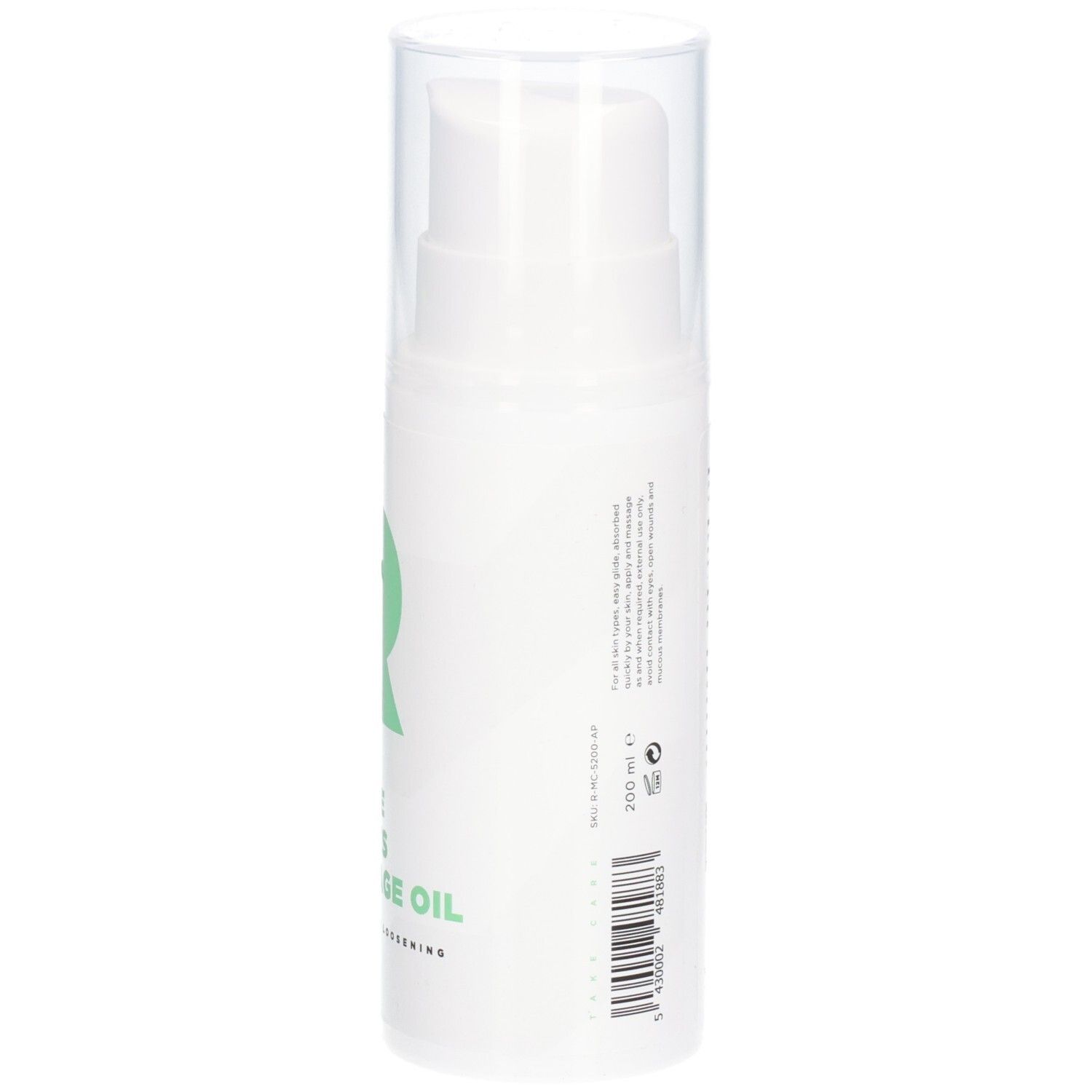 Flacon blanc avec logo et texte verts. Inscription : RÉVVI, ALPINE SPORTS MASSAGE OIL. Bouchon transparent. 200 ml.
