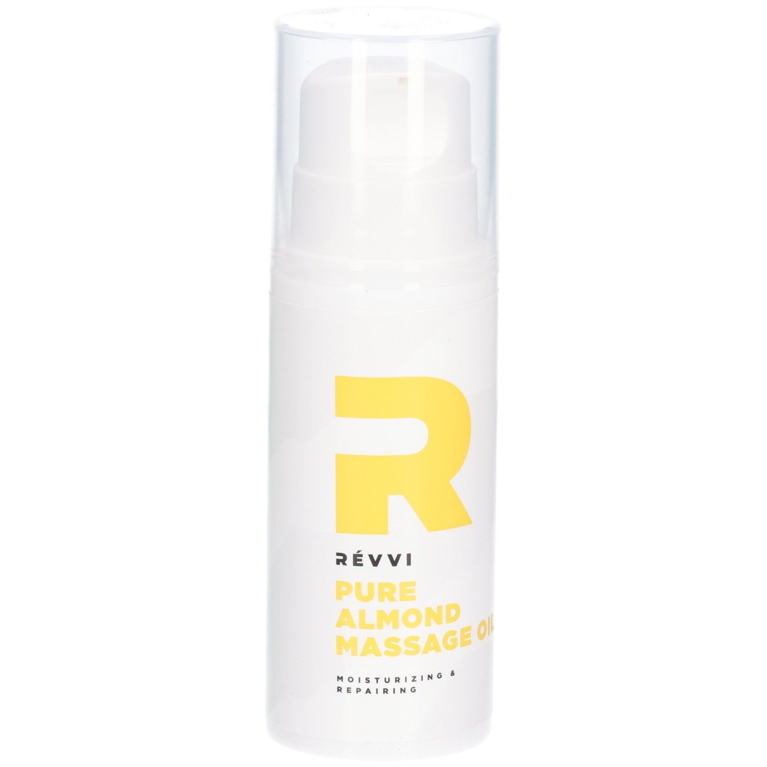 Witte fles met geel logo en tekst. Opschrift: RÉVVI Pure Almond Massage Oil. Met pompkop.