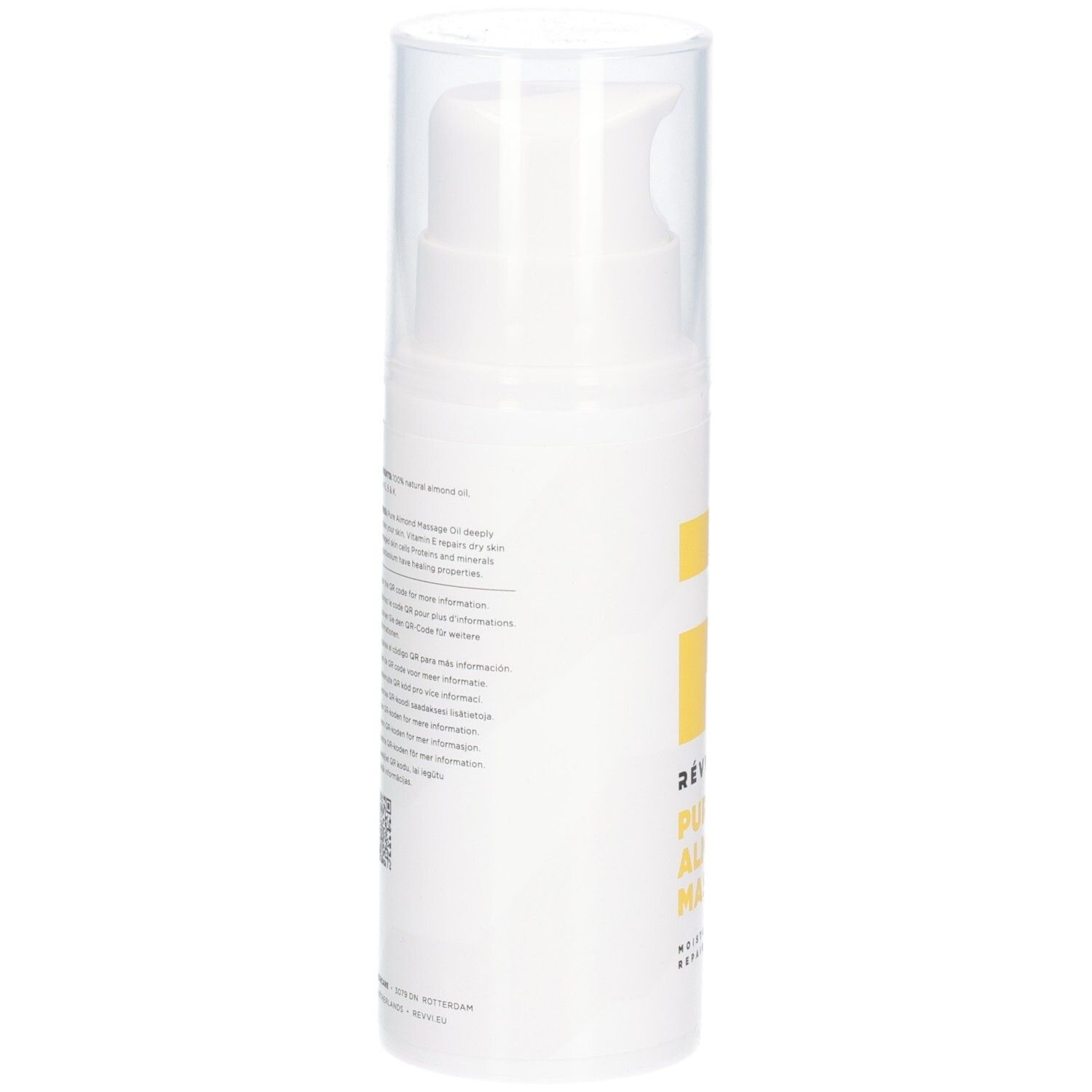 Witte fles met tekst en QR-code. Opschrift: RÉVVI Pure Almond Massage Oil. Met pompkop.