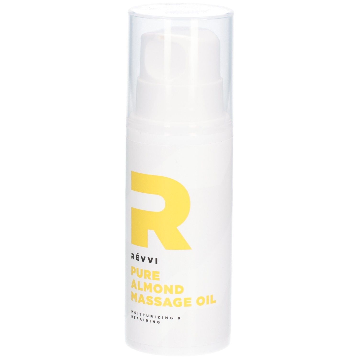 Witte fles met geel logo en tekst. Opschrift: RÉVVI Pure Almond Massage Oil. Met pompkop.