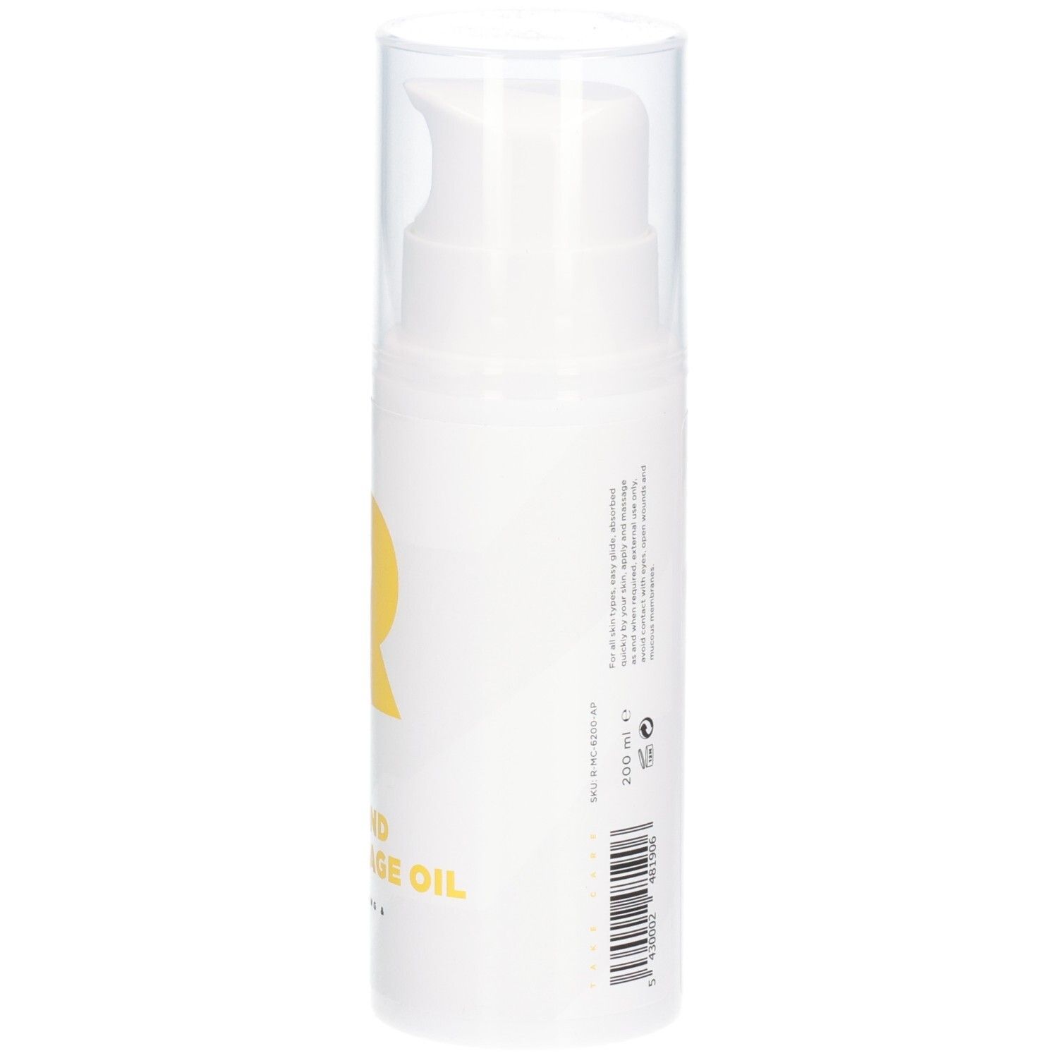 Witte fles met tekst en QR-code. Opschrift: RÉVVI Pure Almond Massage Oil. Met pompkop.