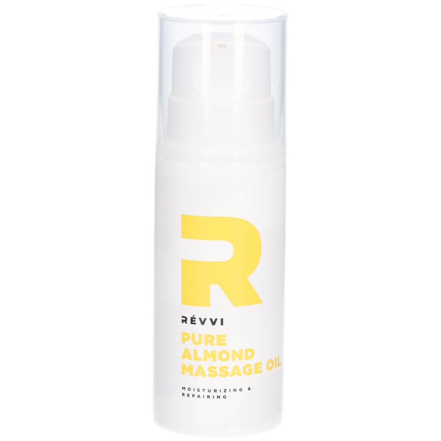 Witte fles met geel logo en tekst. Opschrift: RÉVVI Pure Almond Massage Oil. Met pompkop.