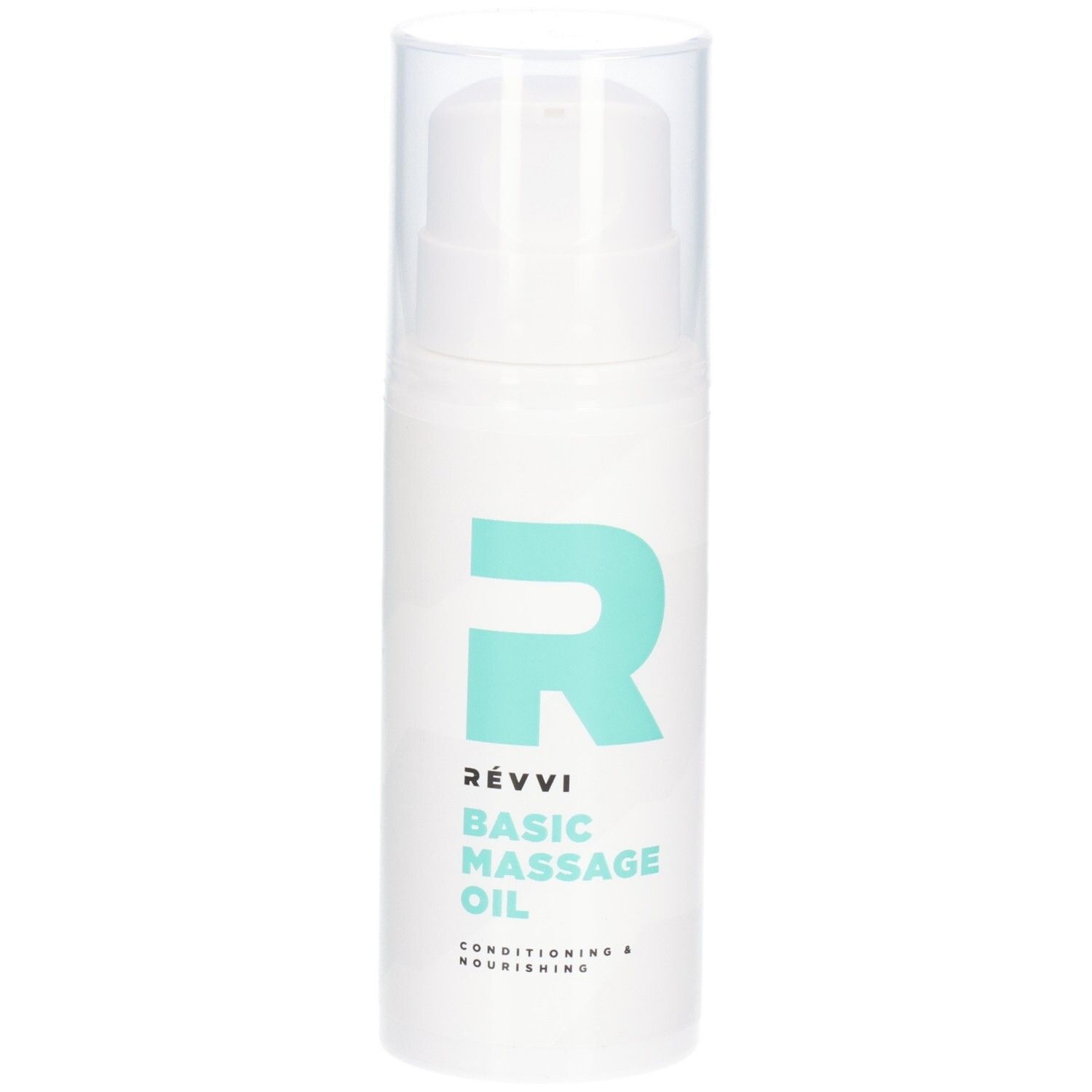 Witte fles met sproeikop. Turquoise logo en tekst: RÉVVI Basic Massage Oil. Opschrift: Conditioning & Nourishing.