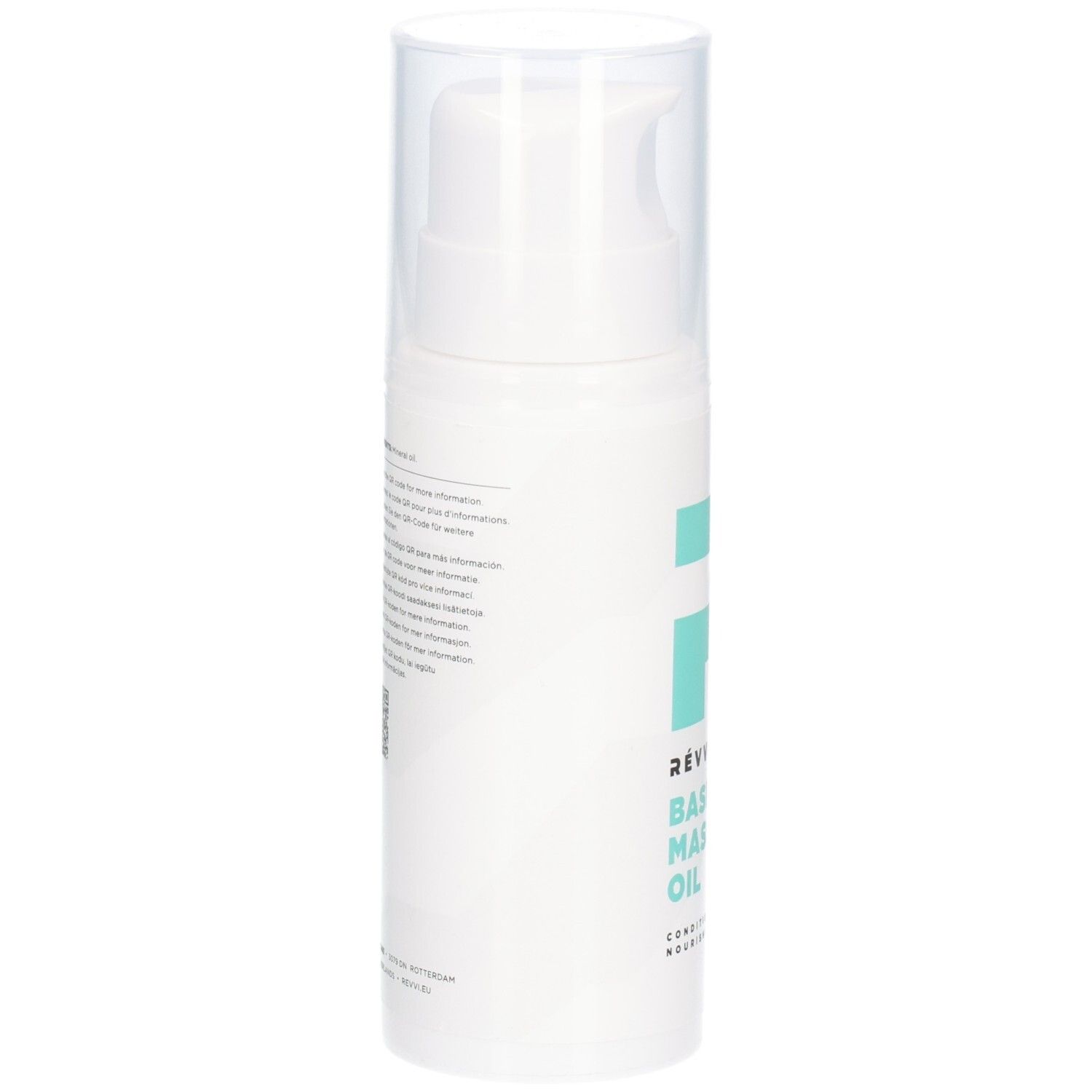 Witte fles met sproeikop. Achterkant met tekst. QR-code en informatie. Productnaam: RÉVVI Basic Massage Oil.