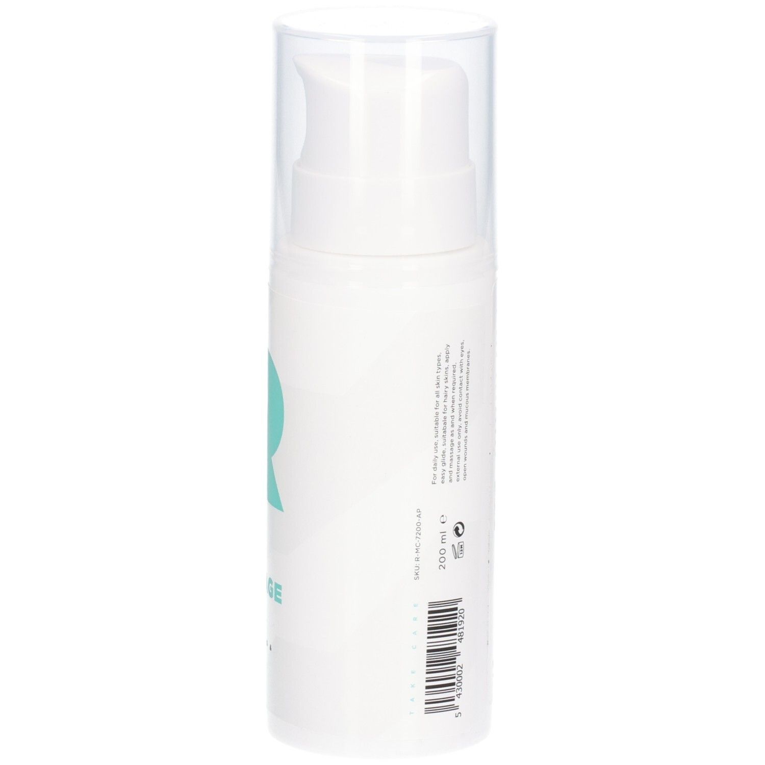 Witte fles met sproeikop. Turquoise logo en tekst: RÉVVI Basic Massage Oil. Opschrift: Conditioning & Nourishing.