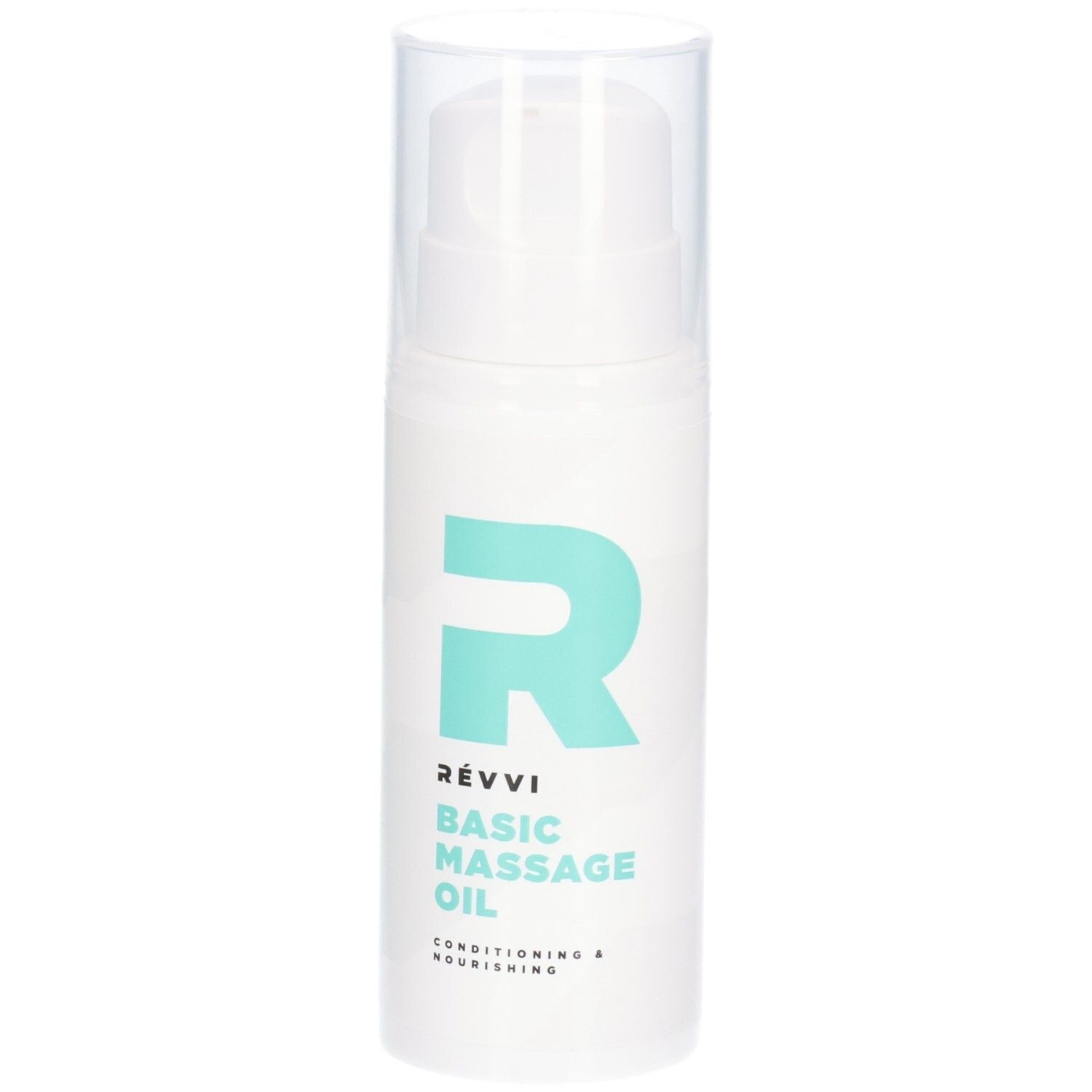 Witte fles met sproeikop. Turquoise logo en tekst: RÉVVI Basic Massage Oil. Opschrift: Conditioning & Nourishing.