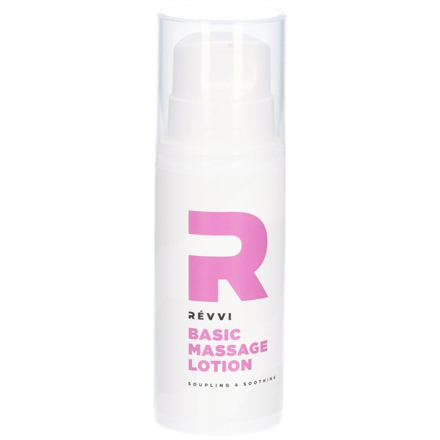 Witte fles met roze logo en tekst: RÉVVI Basic Massage Lotion. Met pomp en transparante dop.