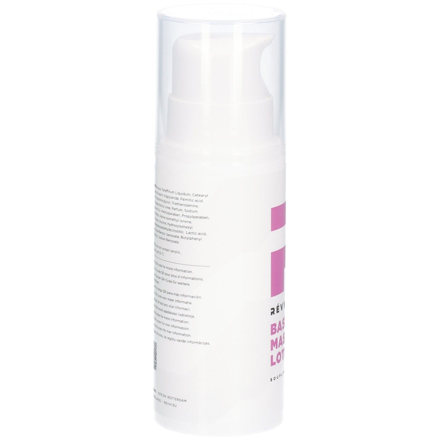 Witte fles met tekst. Achterkant met ingrediënten en QR-code. Pomp en transparante dop.