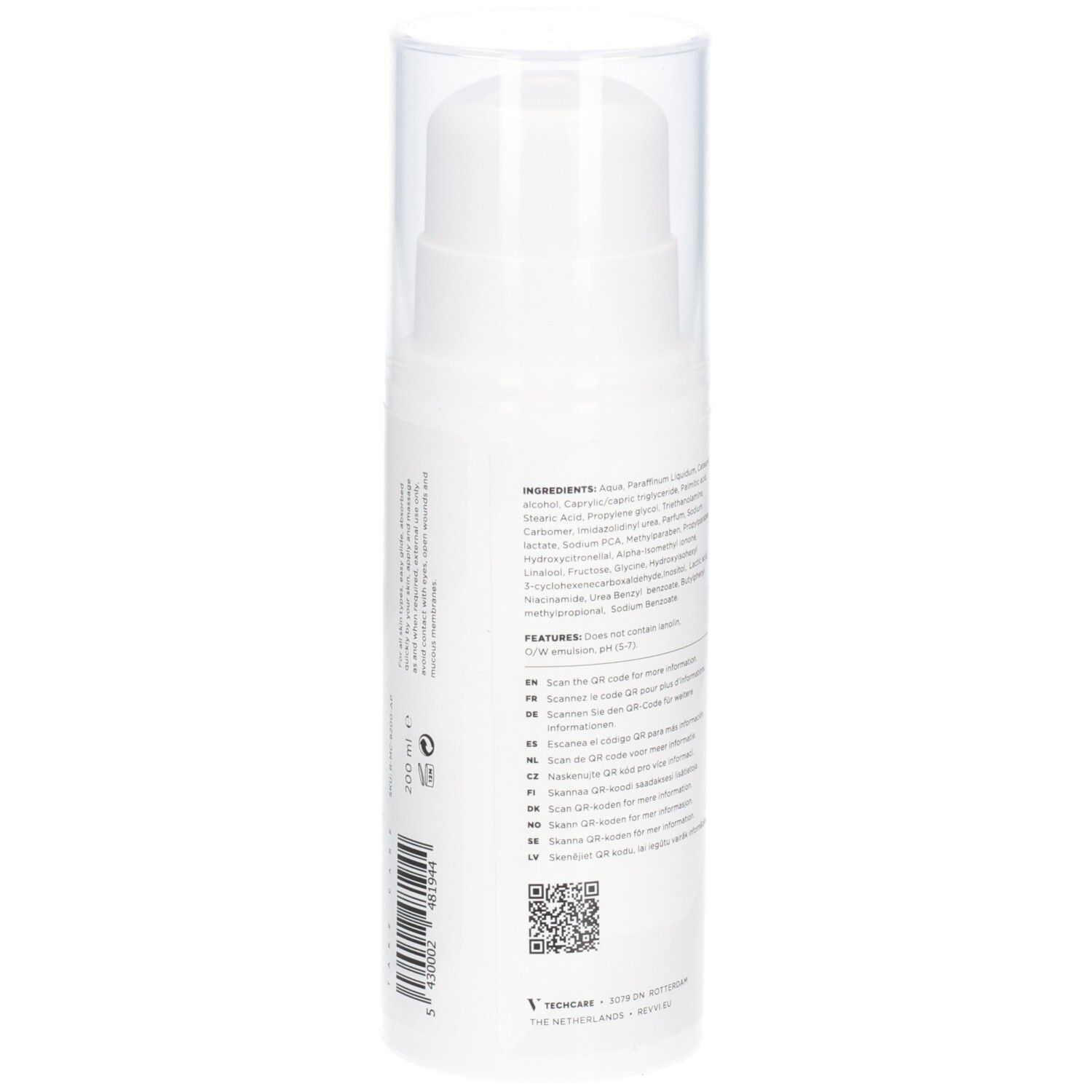 Witte fles met tekst. Achterkant met ingrediënten en QR-code. Pomp en transparante dop.