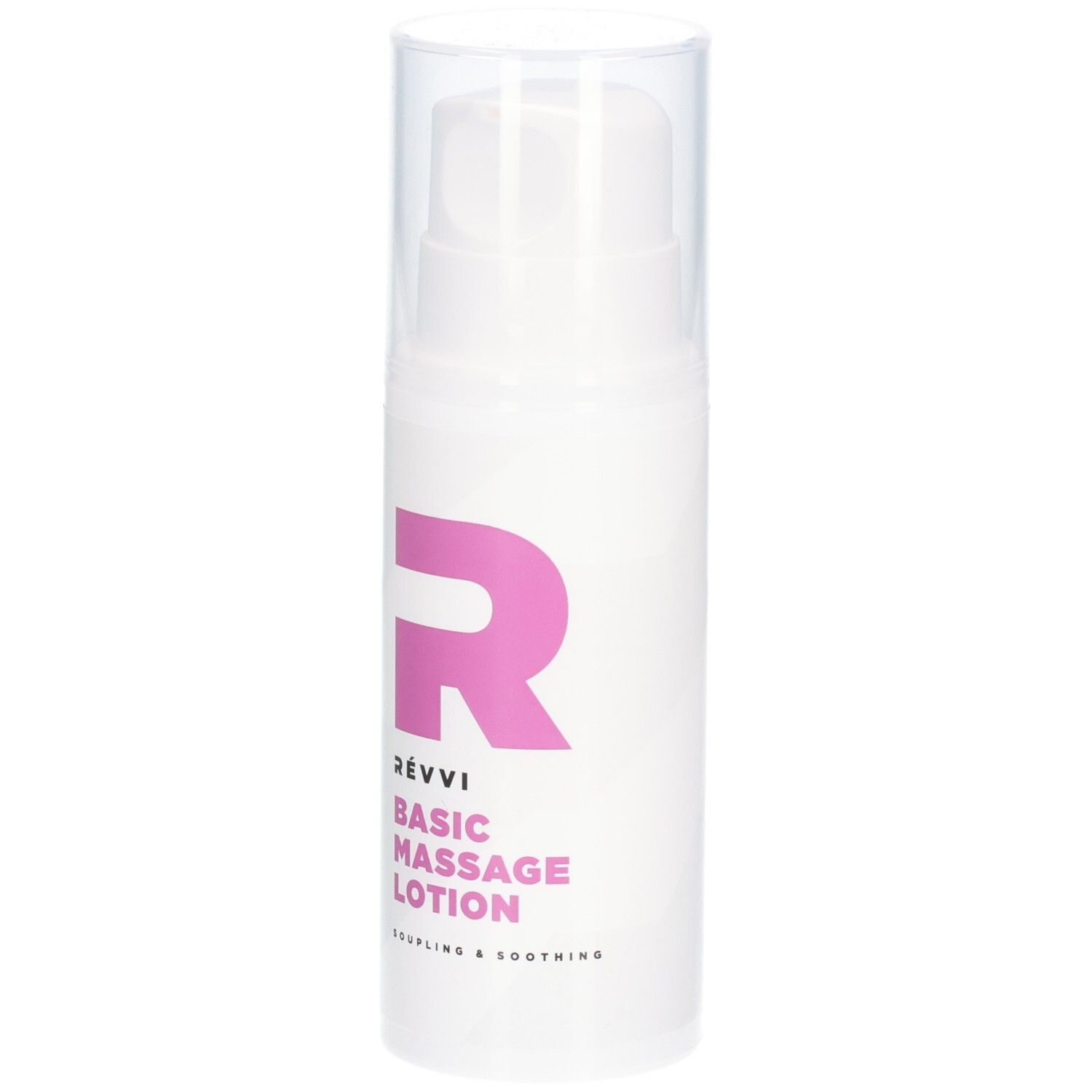 Witte fles met roze logo en tekst: RÉVVI Basic Massage Lotion. Met pomp en transparante dop.