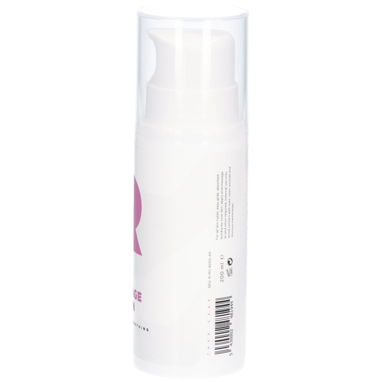 Witte fles met roze logo en tekst: RÉVVI Basic Massage Lotion. Met pomp en transparante dop.