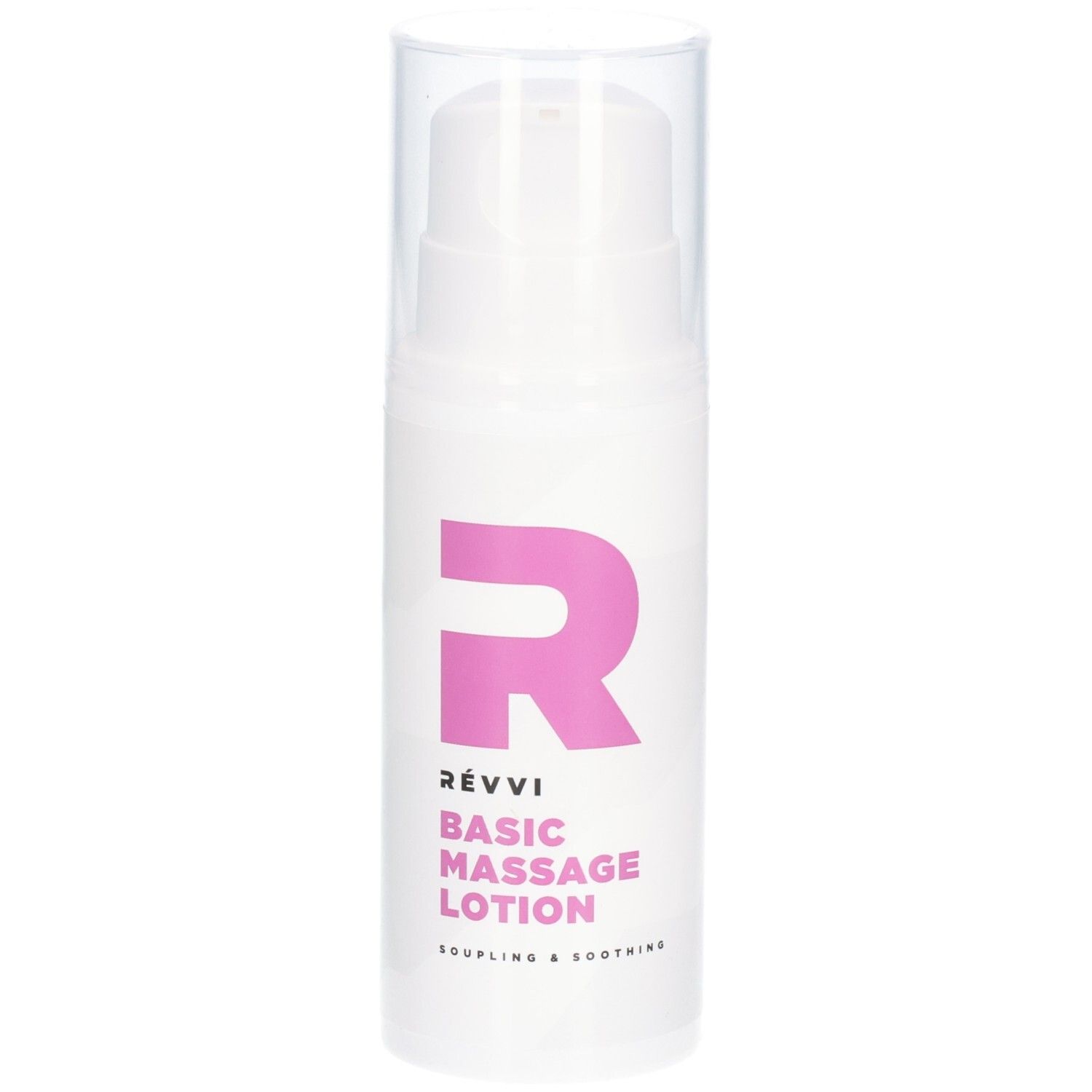 Witte fles met roze logo en tekst: RÉVVI Basic Massage Lotion. Met pomp en transparante dop.