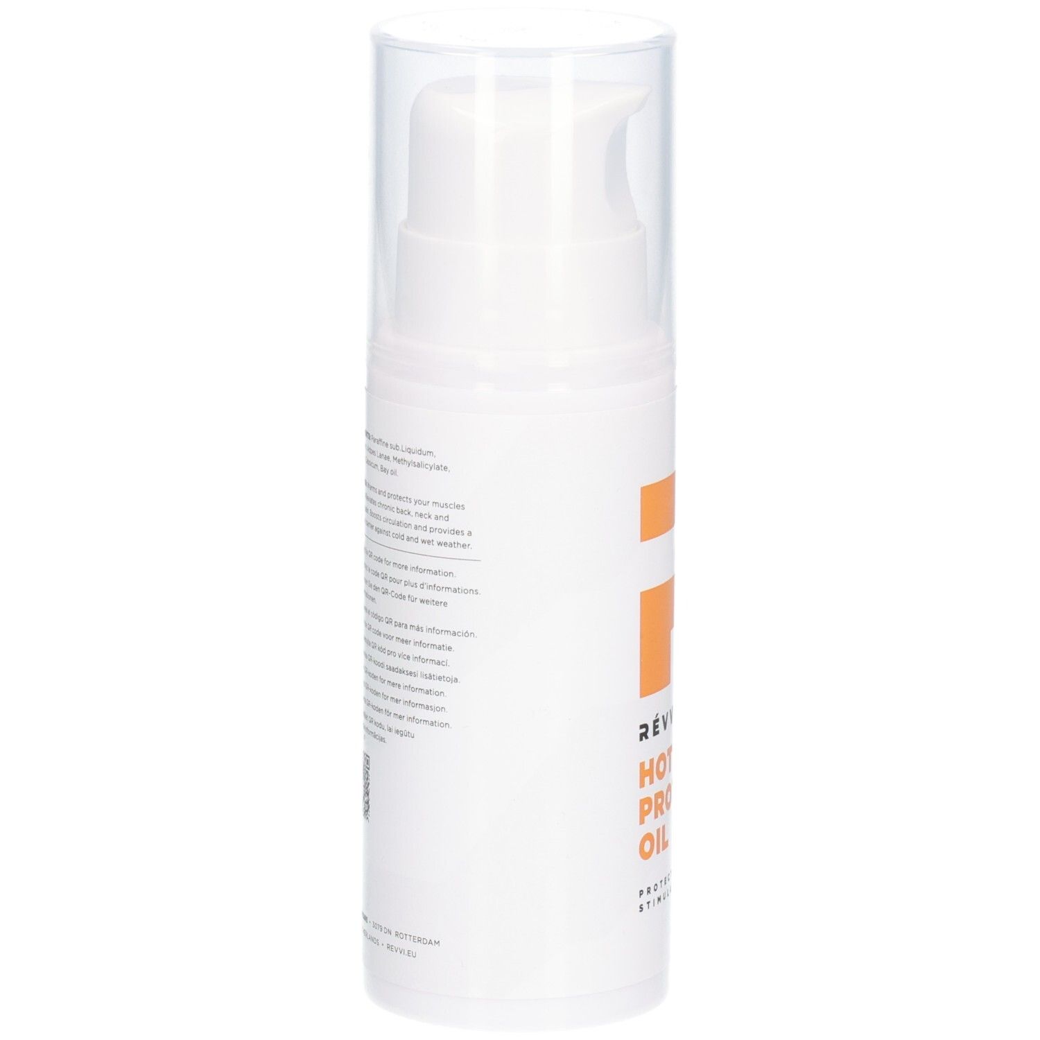 Witte dispenser met tekst op de achterkant. Tekst: informatie, QR-code, fabrikantenadres.