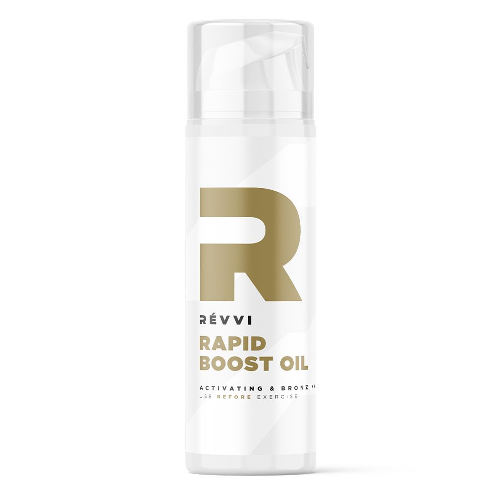 Witte fles met gouden logo en tekst. Productnaam: Rapid Boost Oil. Met transparante dop.