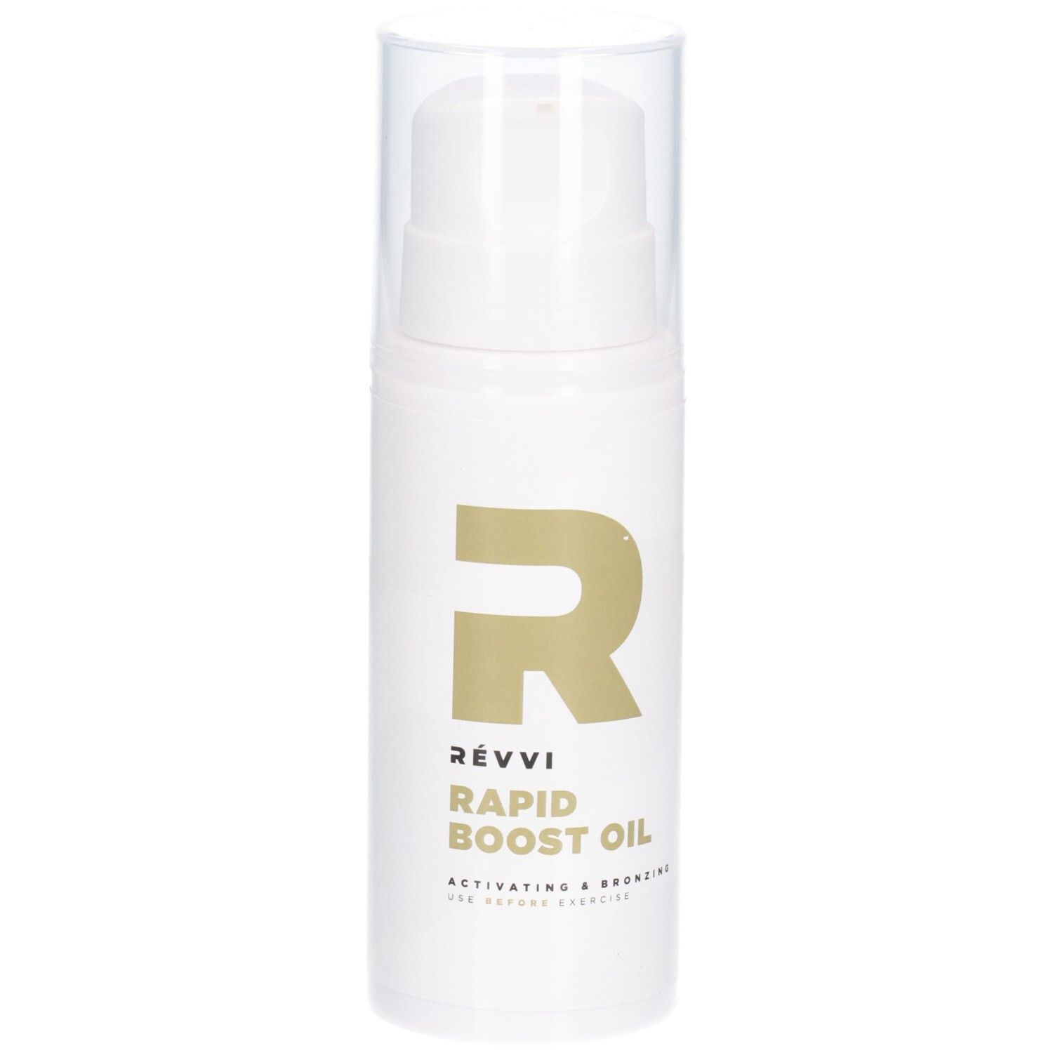 Witte fles met gouden logo en tekst. Productnaam: Rapid Boost Oil. Met transparante dop.