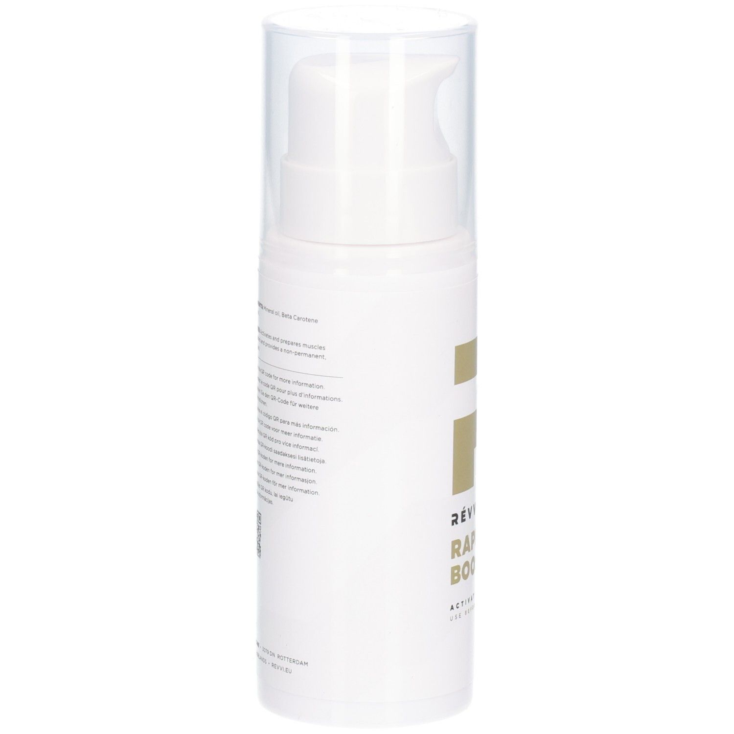 Witte fles met tekst. Bevat informatie en QR-codes. Met transparante dop.