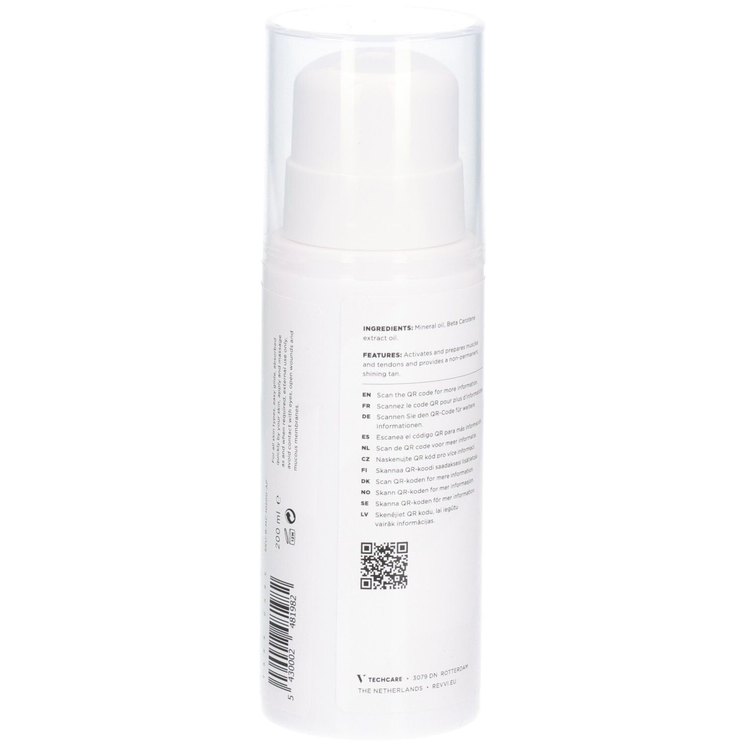 Witte fles met tekst en QR-codes. Met transparante dop.