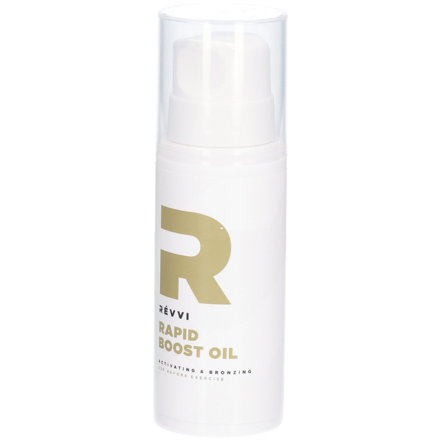 Witte fles met gouden logo en tekst. Productnaam: Rapid Boost Oil. Met transparante dop.