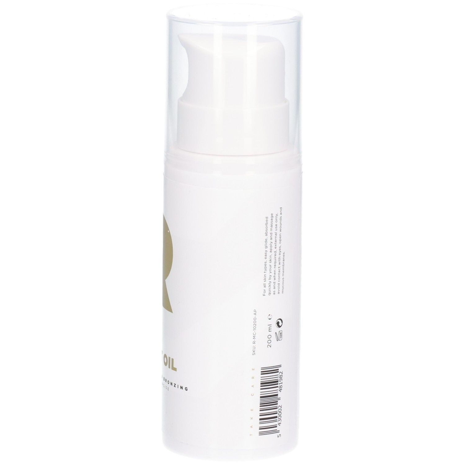 Witte fles met tekst en tekst. Productnaam: Rapid Boost Oil. Met transparante dop.