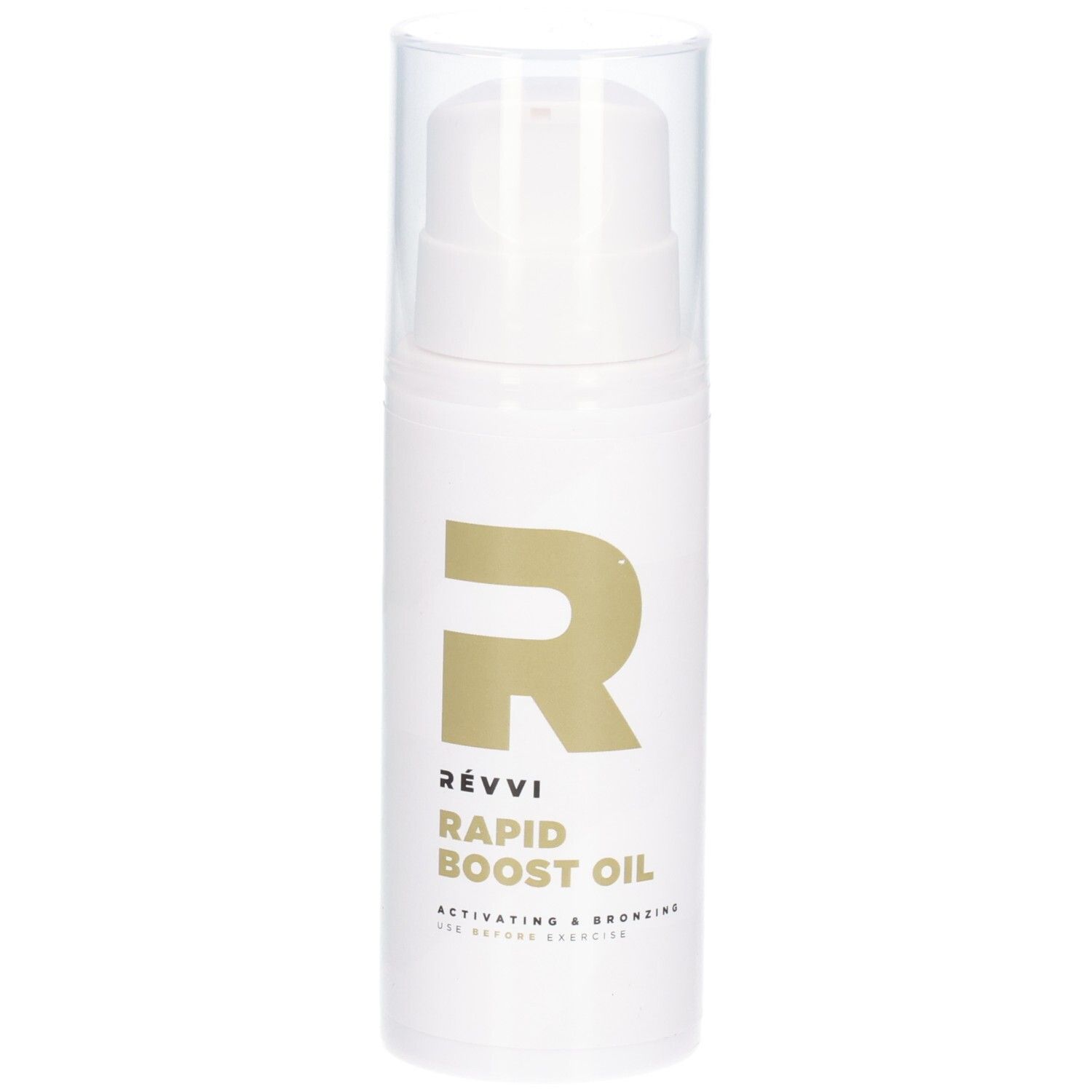 Witte fles met gouden logo en tekst. Productnaam: Rapid Boost Oil. Met transparante dop.