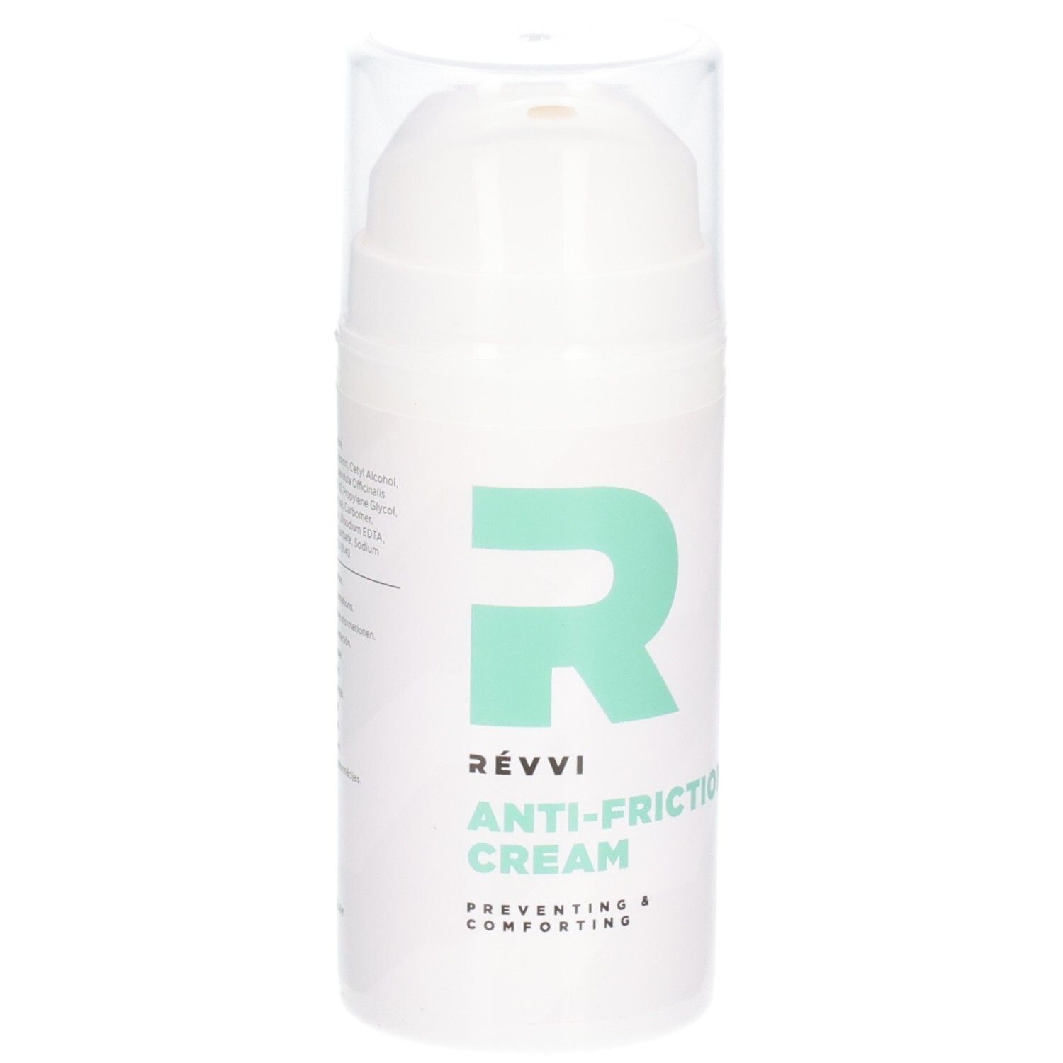 Witte fles met groen "R" logo en tekst. "RÉVVI ANTI-FRICTION CREAM" op de fles. Transparante dop.