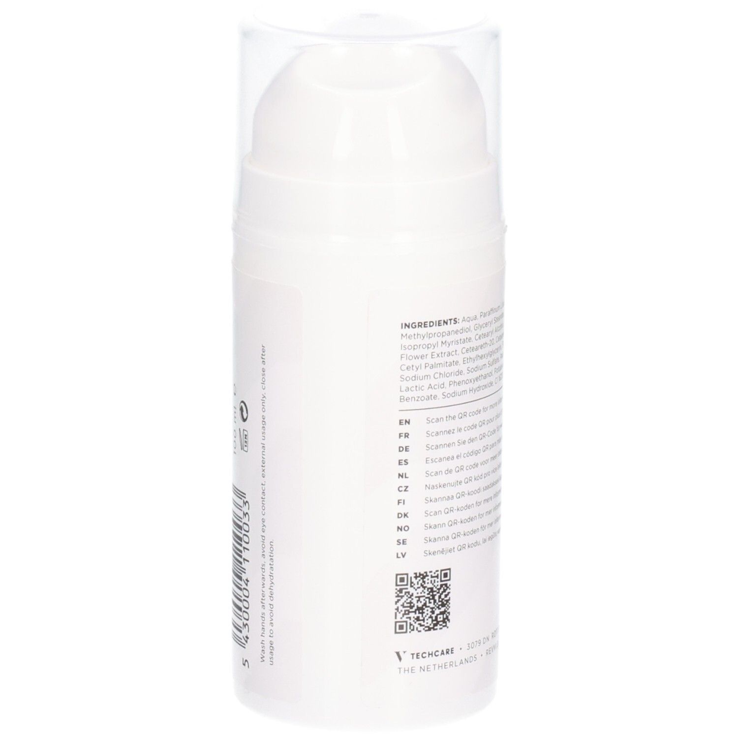 Achterkant van de witte fles. Tekst met ingrediënten en QR-codes. Transparante dop. Merk RÉVVI.