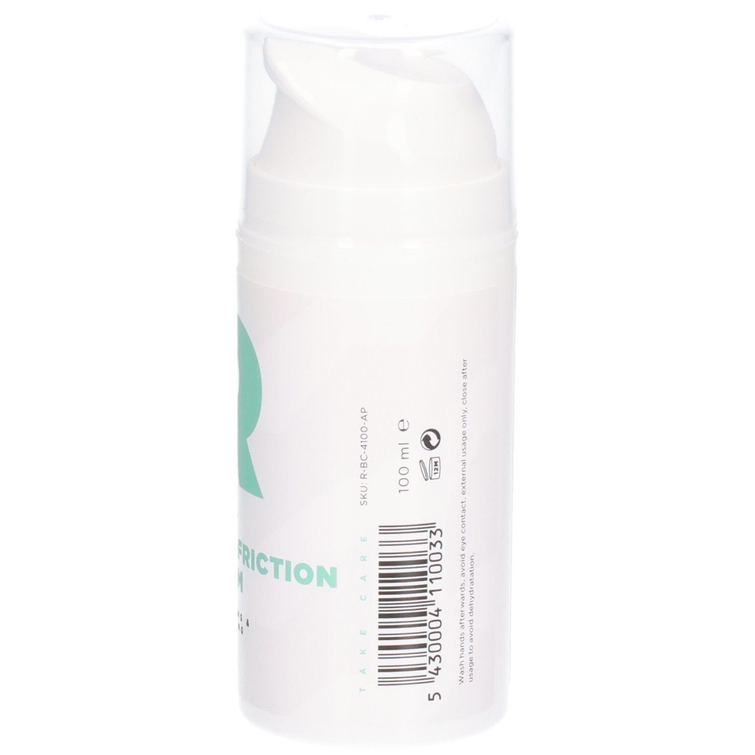 Witte fles met groen "R" logo en tekst. "RÉVVI ANTI-FRICTION CREAM" op de fles. Transparante dop. 100 ml.