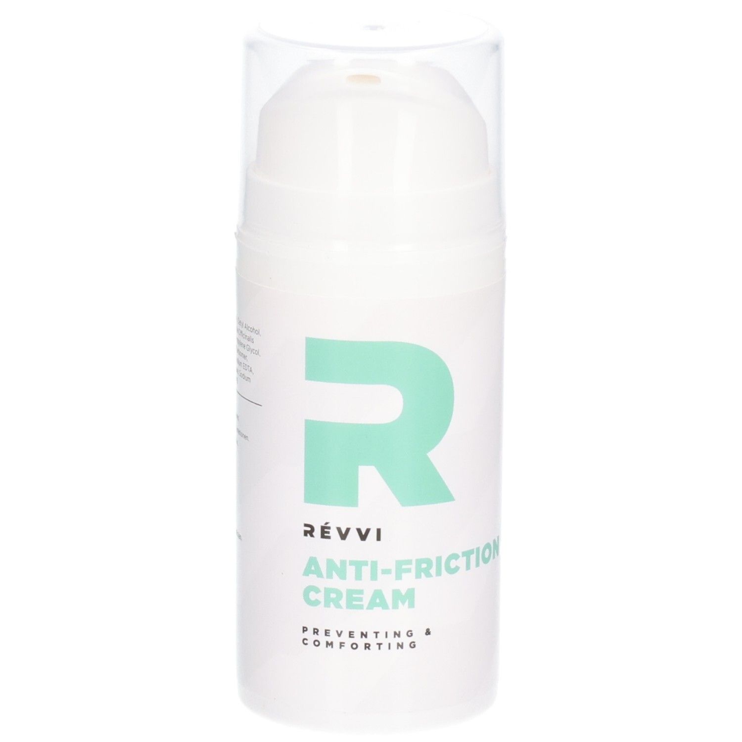 Witte fles met groen "R" logo en tekst. "RÉVVI ANTI-FRICTION CREAM" op de fles. Transparante dop.