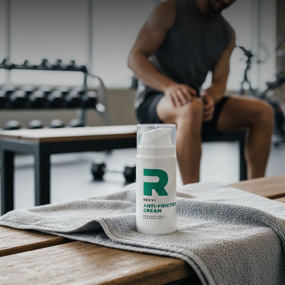Een witte fles met groen "R" logo en tekst. "RÉVVI ANTI-FRICTION CREAM" op de fles. Transparante dop. Persoon op de achtergrond.