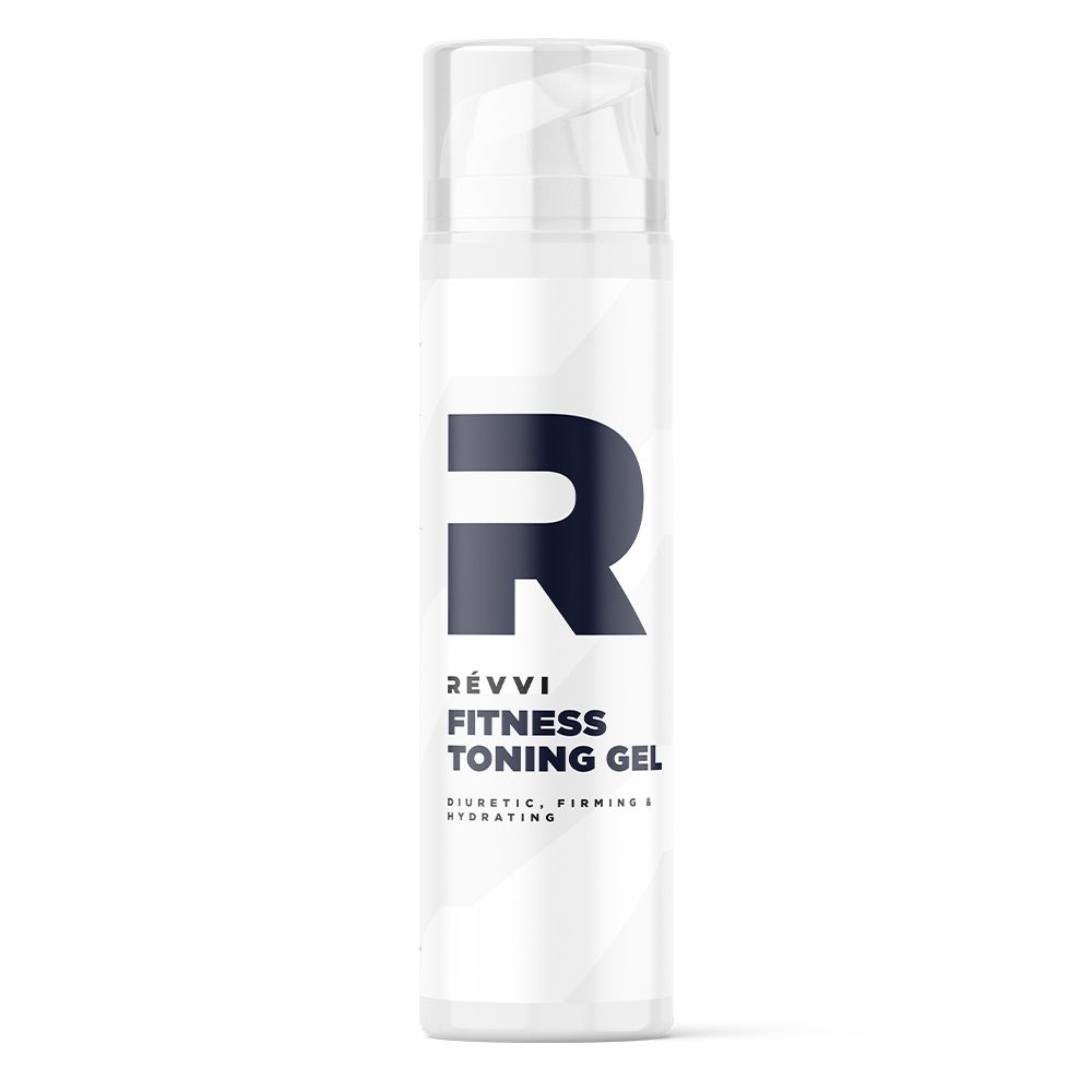 Flacon blanc avec "R" bleu et texte: RÉVVI Fitness Toning Gel. Diurétique, raffermissant & hydratant.