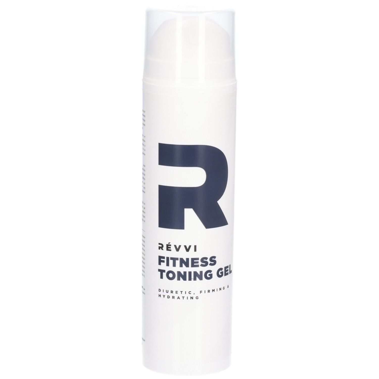 Flacon blanc avec "R" bleu et texte: RÉVVI Fitness Toning Gel. Diurétique, raffermissant & hydratant.