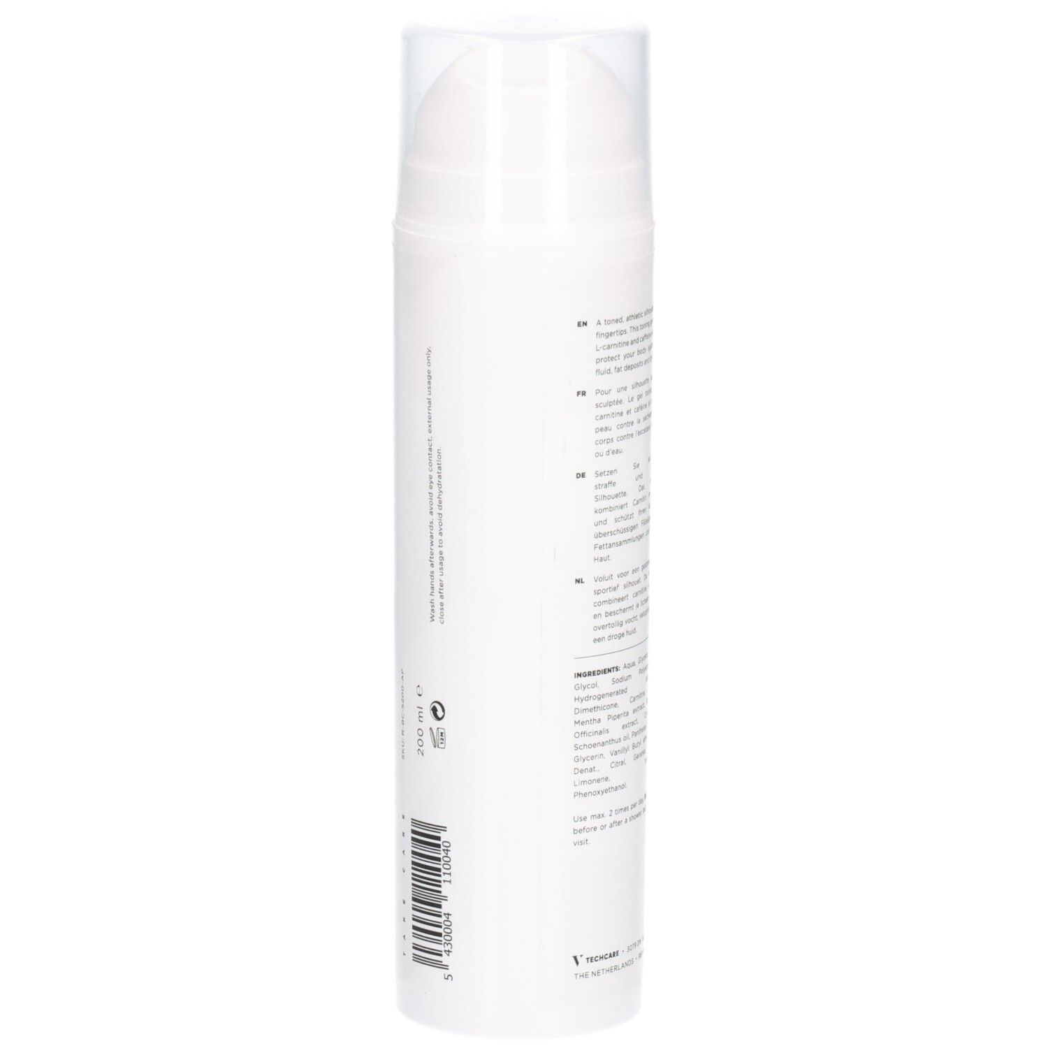 Vue latérale du flacon blanc avec texte. Contient ingrédients et instructions. Avec bouchon transparent.