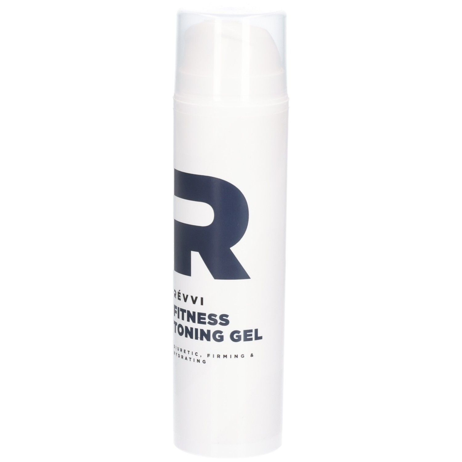 Flacon blanc avec "R" bleu et texte: RÉVVI Fitness Toning Gel. Diurétique, raffermissant & hydratant.