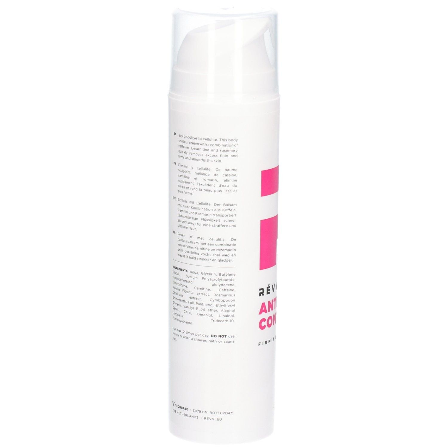 Flacon blanc avec texte. Contient RÉVVI Anti-Cellulite Contour Balm. Texte: Ingrédients, instructions d'utilisation, avertissements.