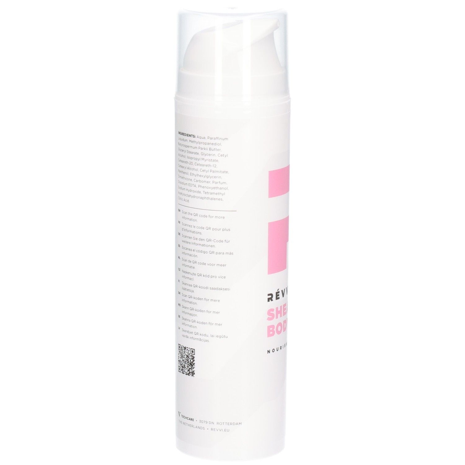 Achterkant van de witte pompflacon. Tekst: ingrediënten, gebruiksaanwijzing, QR-code. Met transparante dop.