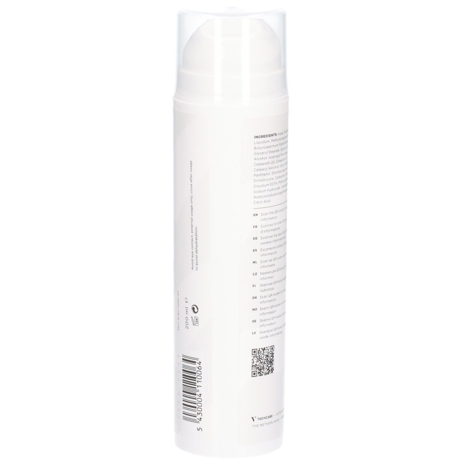 Achterkant van de witte pompflacon. Tekst: ingrediënten, gebruiksaanwijzing, QR-code. Met transparante dop.