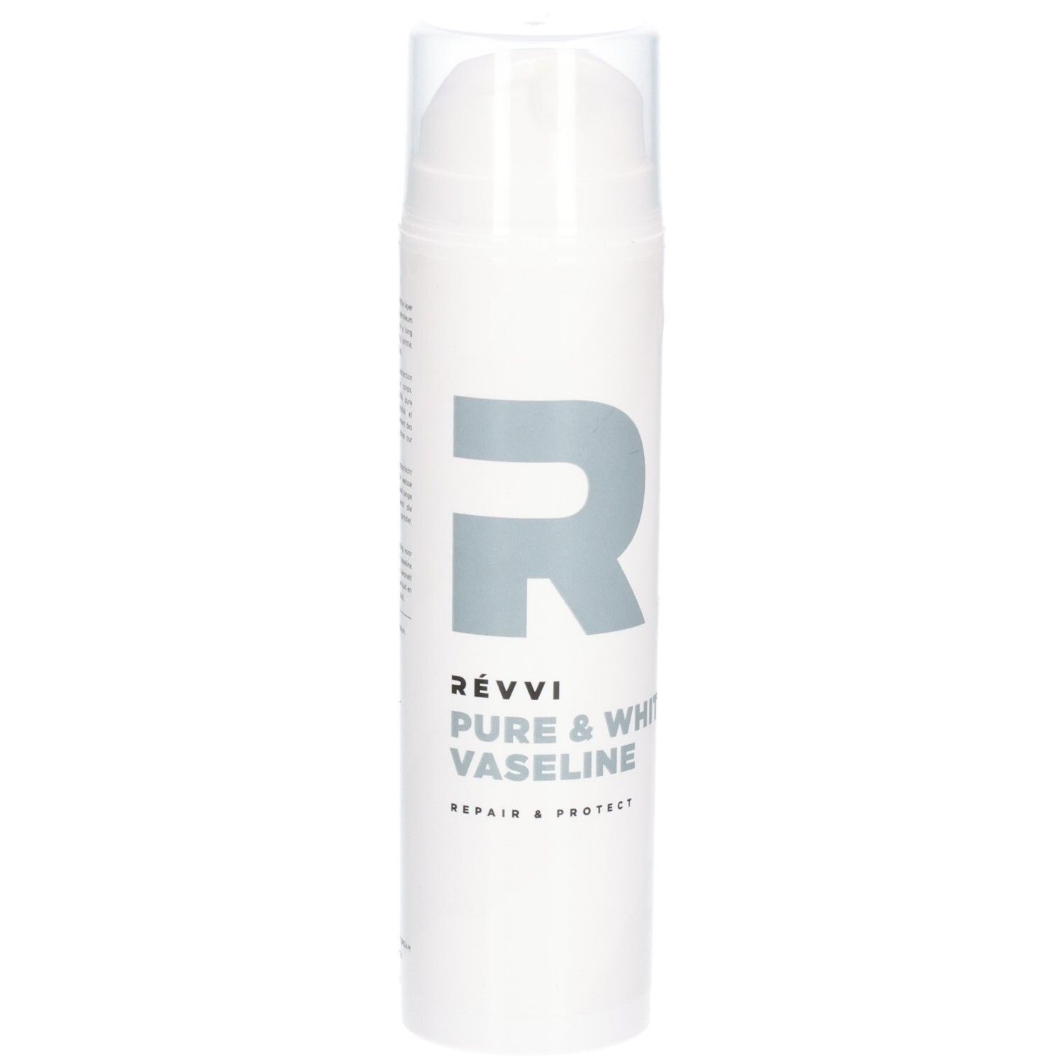 Witte fles met pomp. Opschrift: RÉVVI Pure & White Vaseline. Grijs logo.
