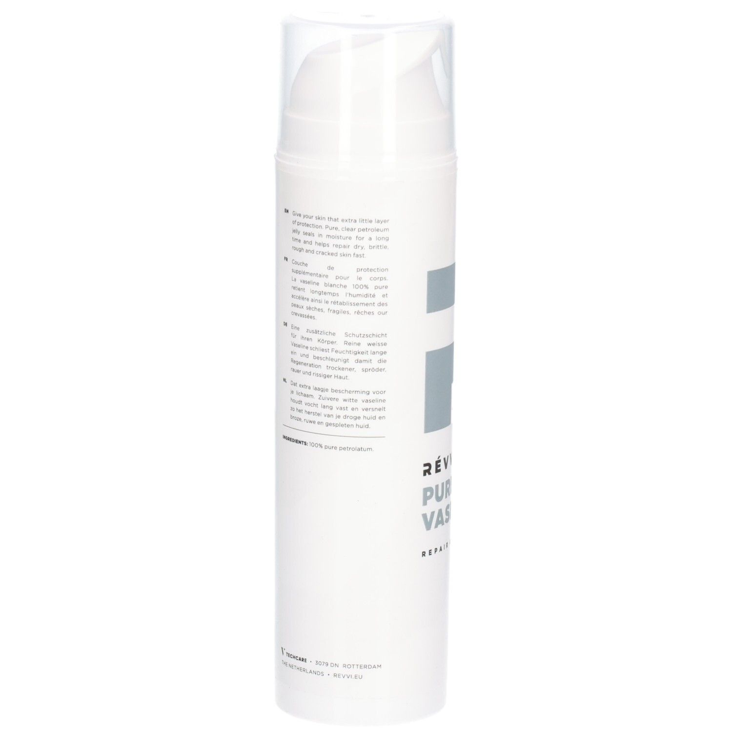 Witte fles met pomp. Tekst op de achterkant. RÉVVI Pure & White Vaseline.