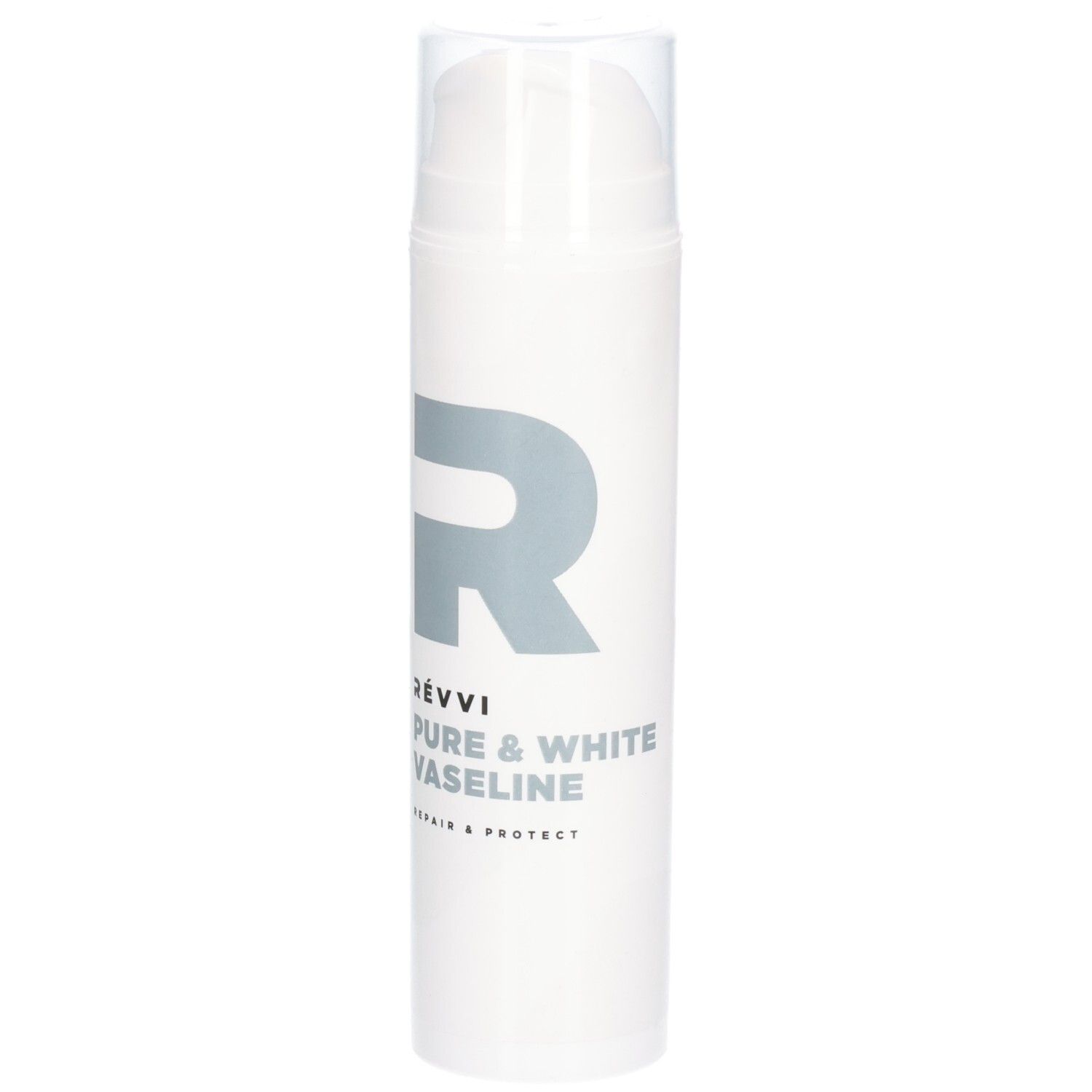 Witte fles met pomp. Opschrift: RÉVVI Pure & White Vaseline. Grijs logo.