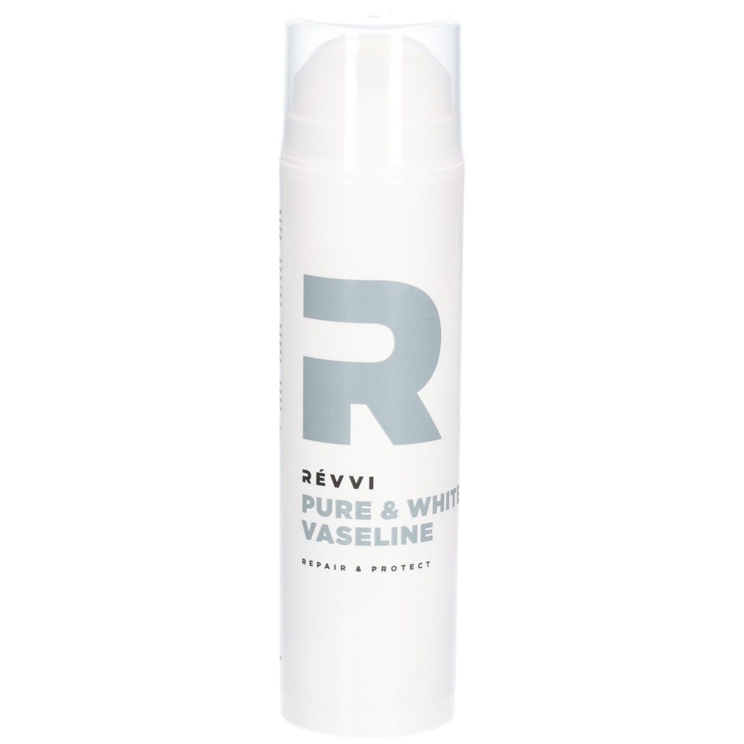 Witte fles met pomp. Opschrift: RÉVVI Pure & White Vaseline. Grijs logo.