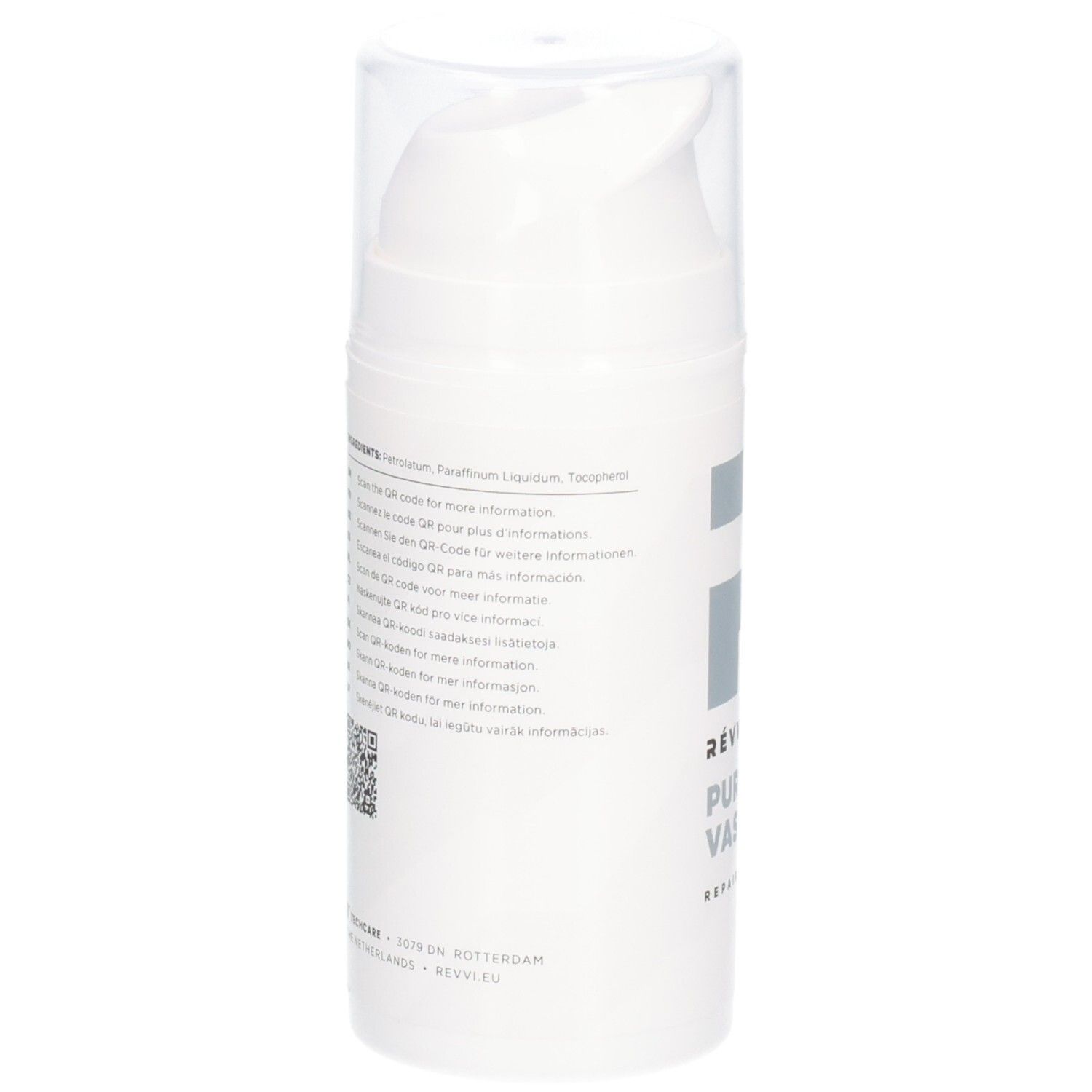 Achterkant van de RÉVVI Pure & White Vaseline fles. Meertalige tekst, QR-code.