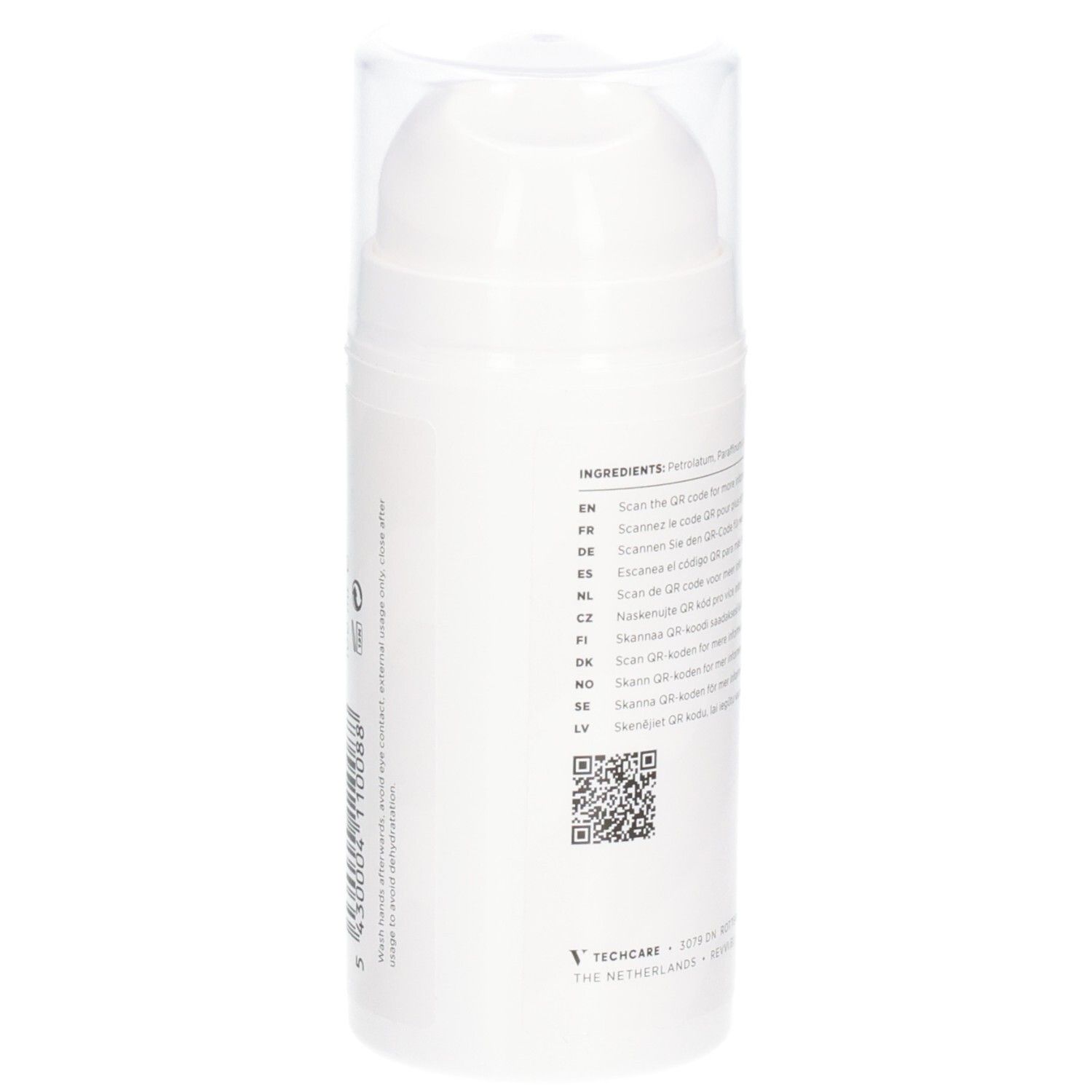 Achterkant van de RÉVVI Pure & White Vaseline fles. Ingrediëntenlijst, QR-code.